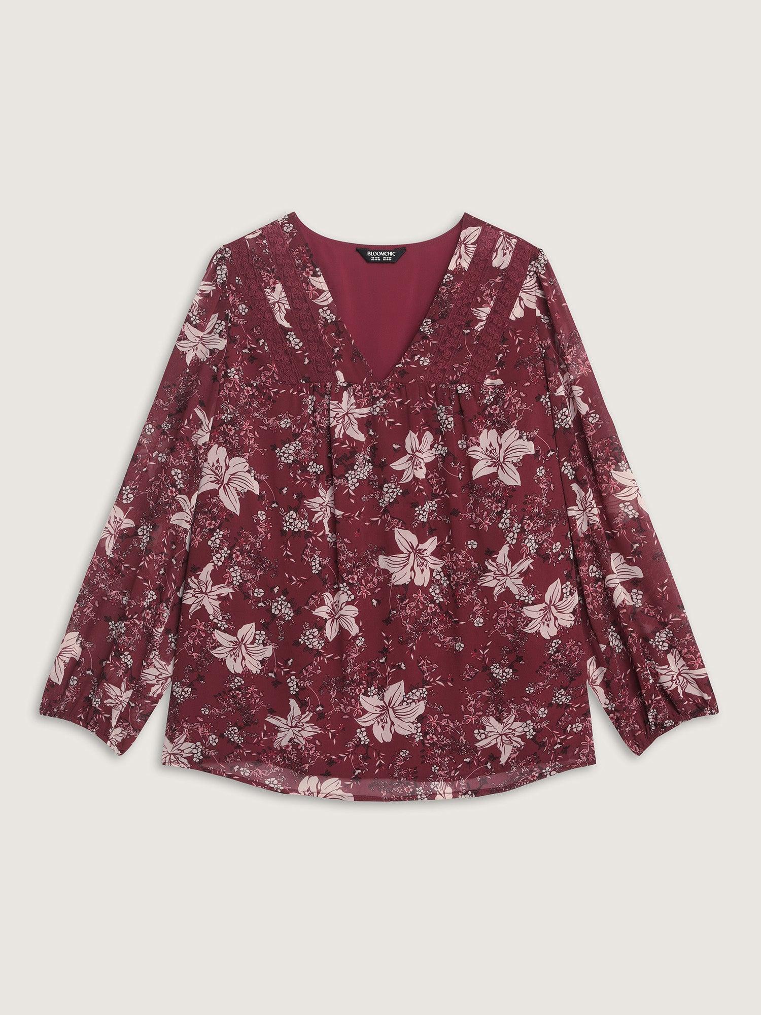 Fall Floral Print Lace Trim Blouse Female Product Image