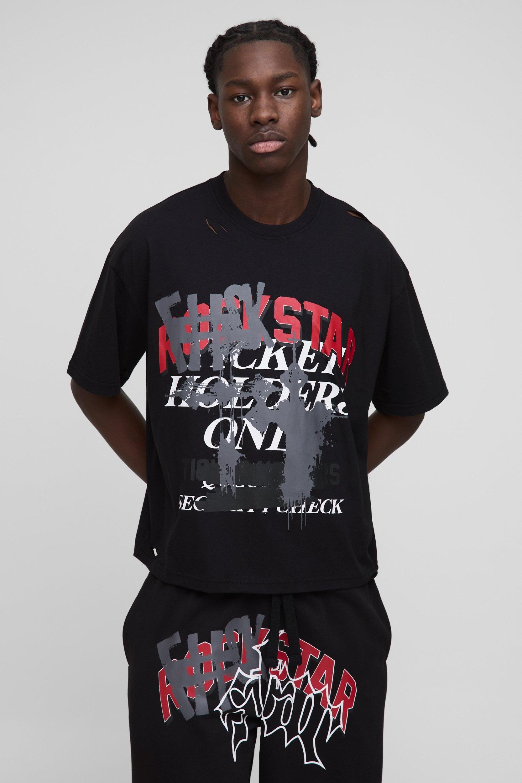 Oversized Distressed Boxy T-Shirt and Sweatpants Set | boohooMAN USA Product Image