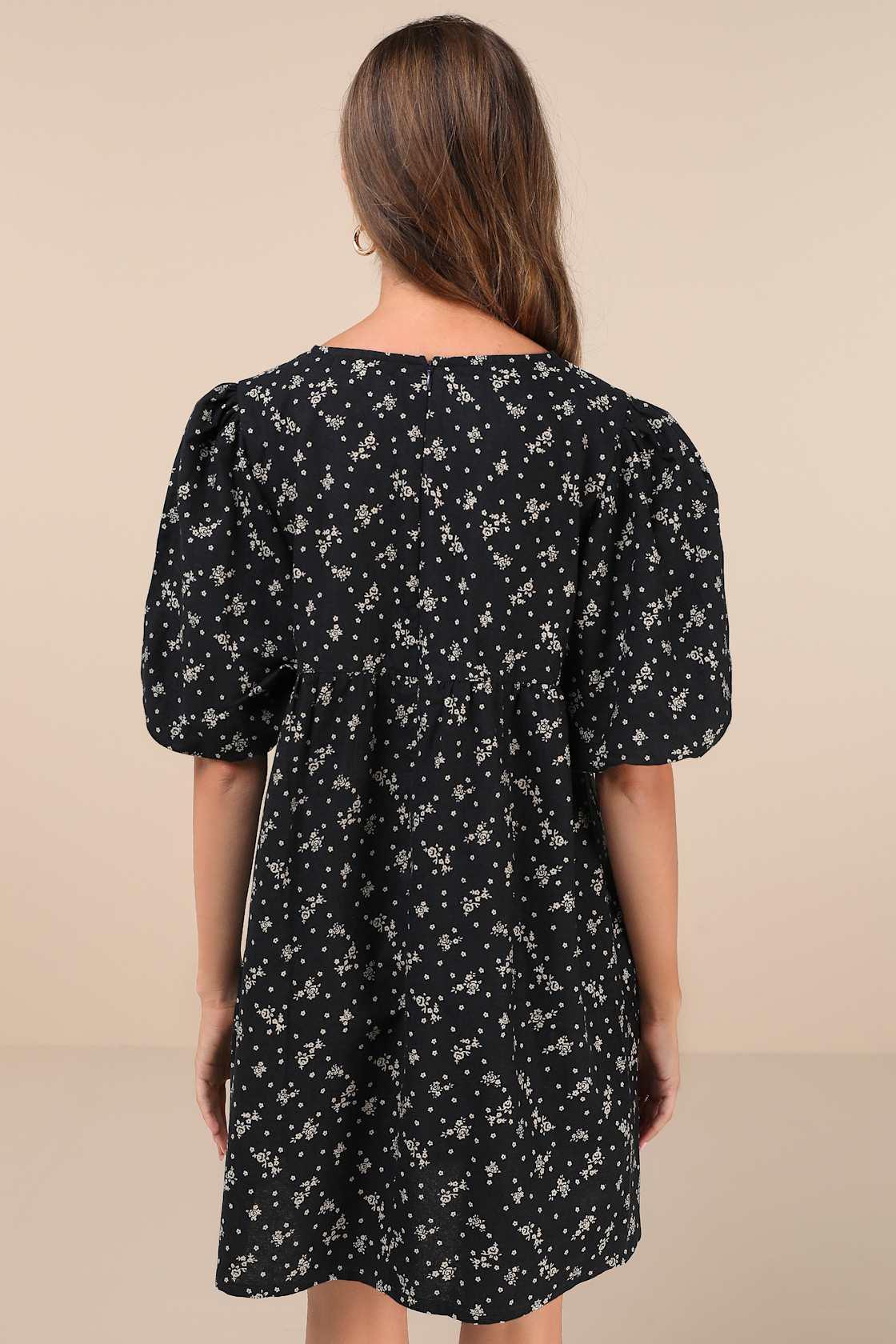 Marate Black Floral Puff Sleeve Mini Dress Product Image