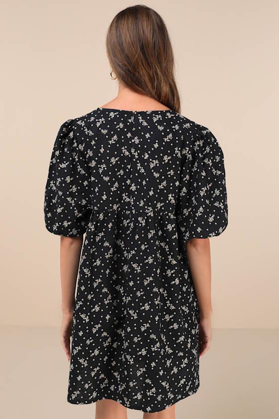 Marate Black Floral Puff Sleeve Mini Dress Product Image