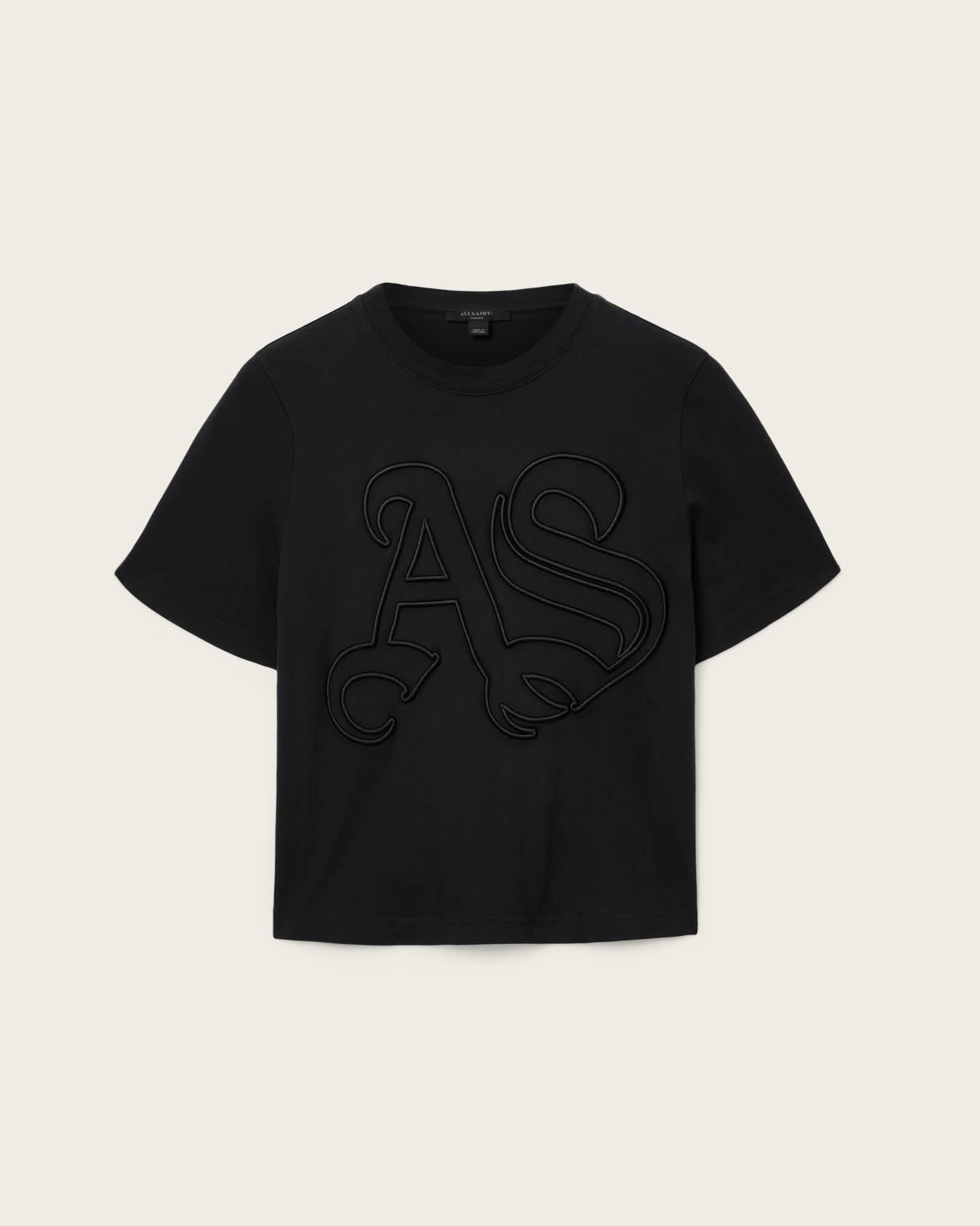 Lisa Embossed Crew Neck T-Shirt Black | ALLSAINTS US Product Image