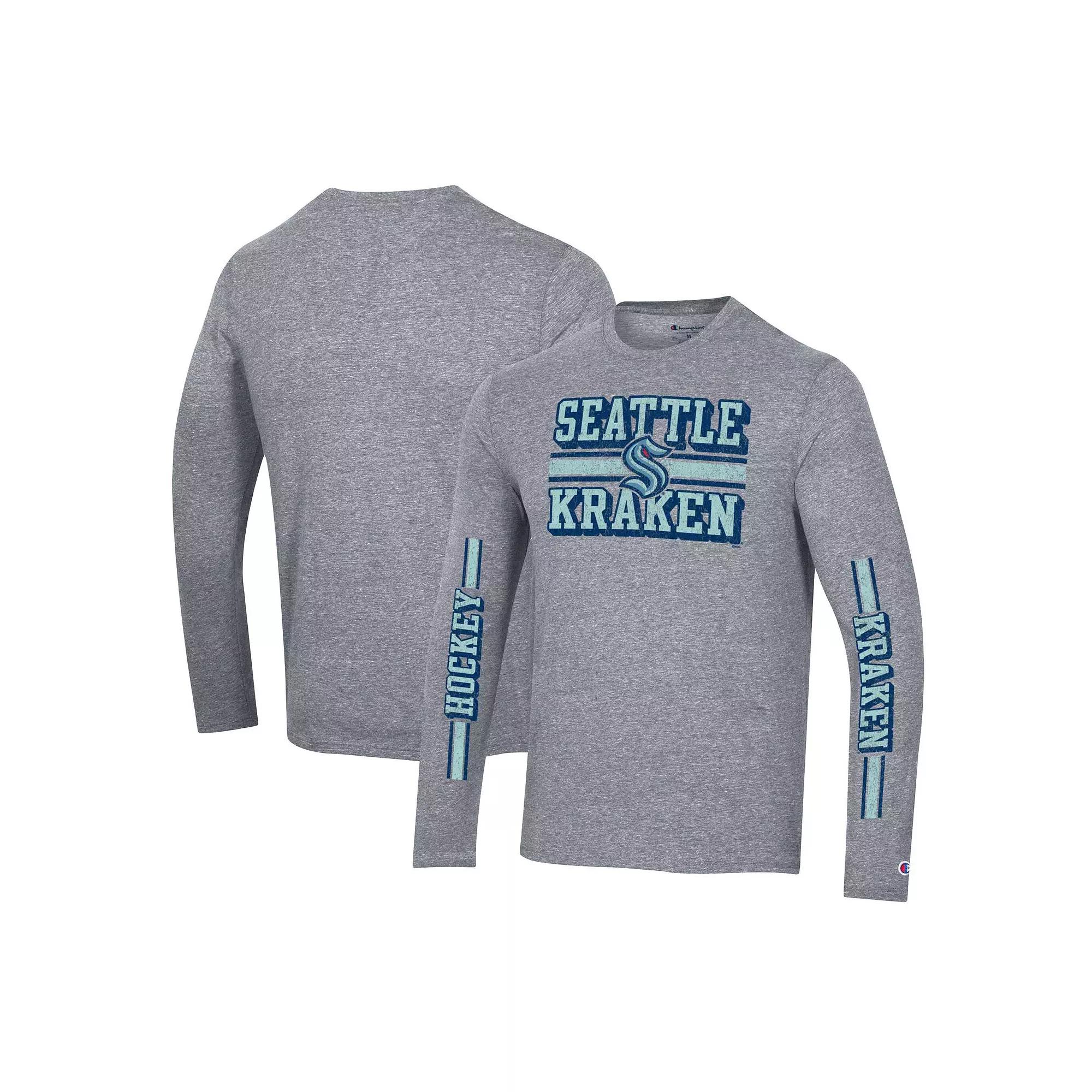 Men's Champion Heather Gray Seattle Kraken Tri-Blend Dual-Stripe Long Sleeve T-Shirt,  Product Image