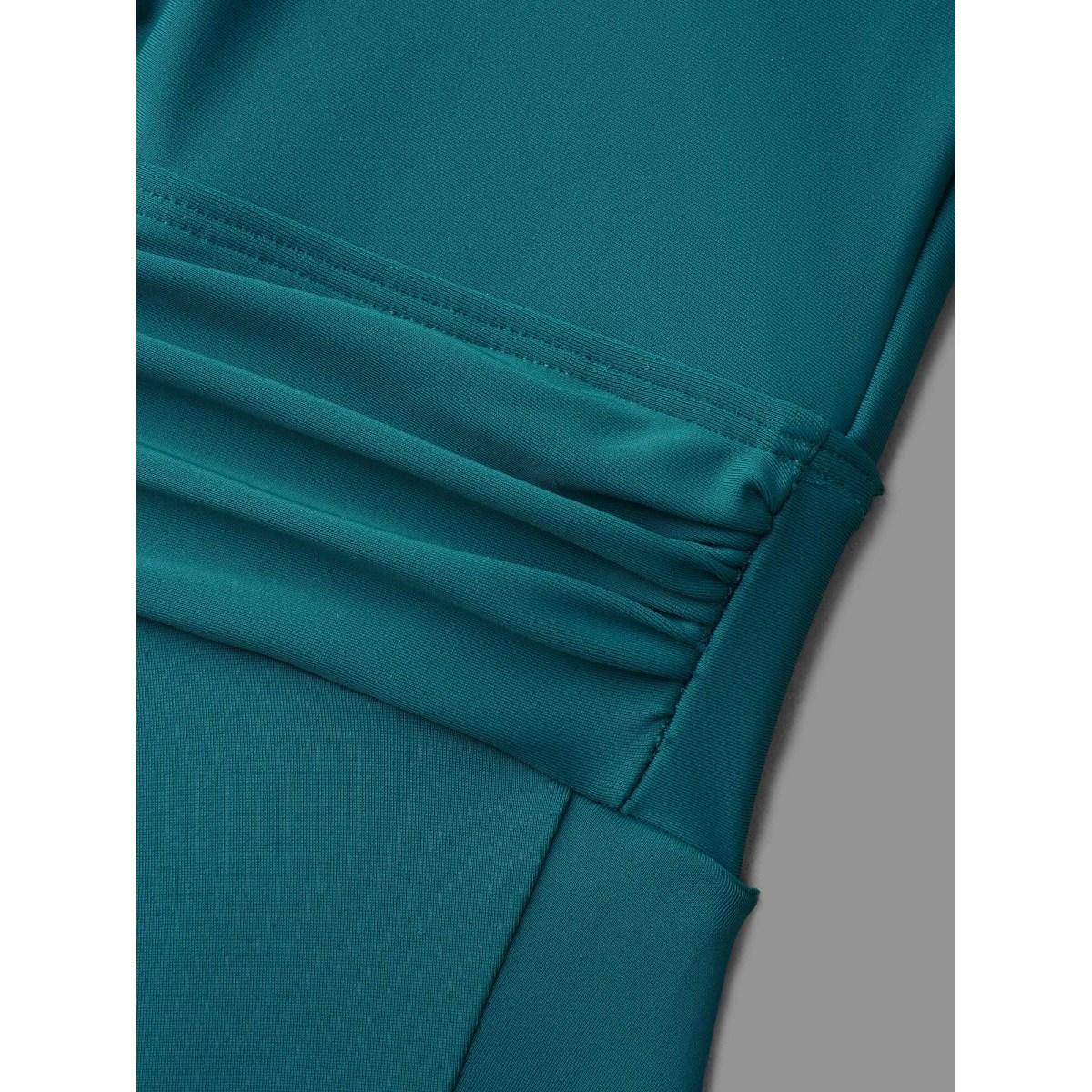 Plus Size Laser Cut Overlap Collar Waist-Cinched Swim Dress Women's Swimwear Cyan Beach Bodycon Overlap Collar High stretch Curve Swim Dresses BloomChic 10/M Product Image