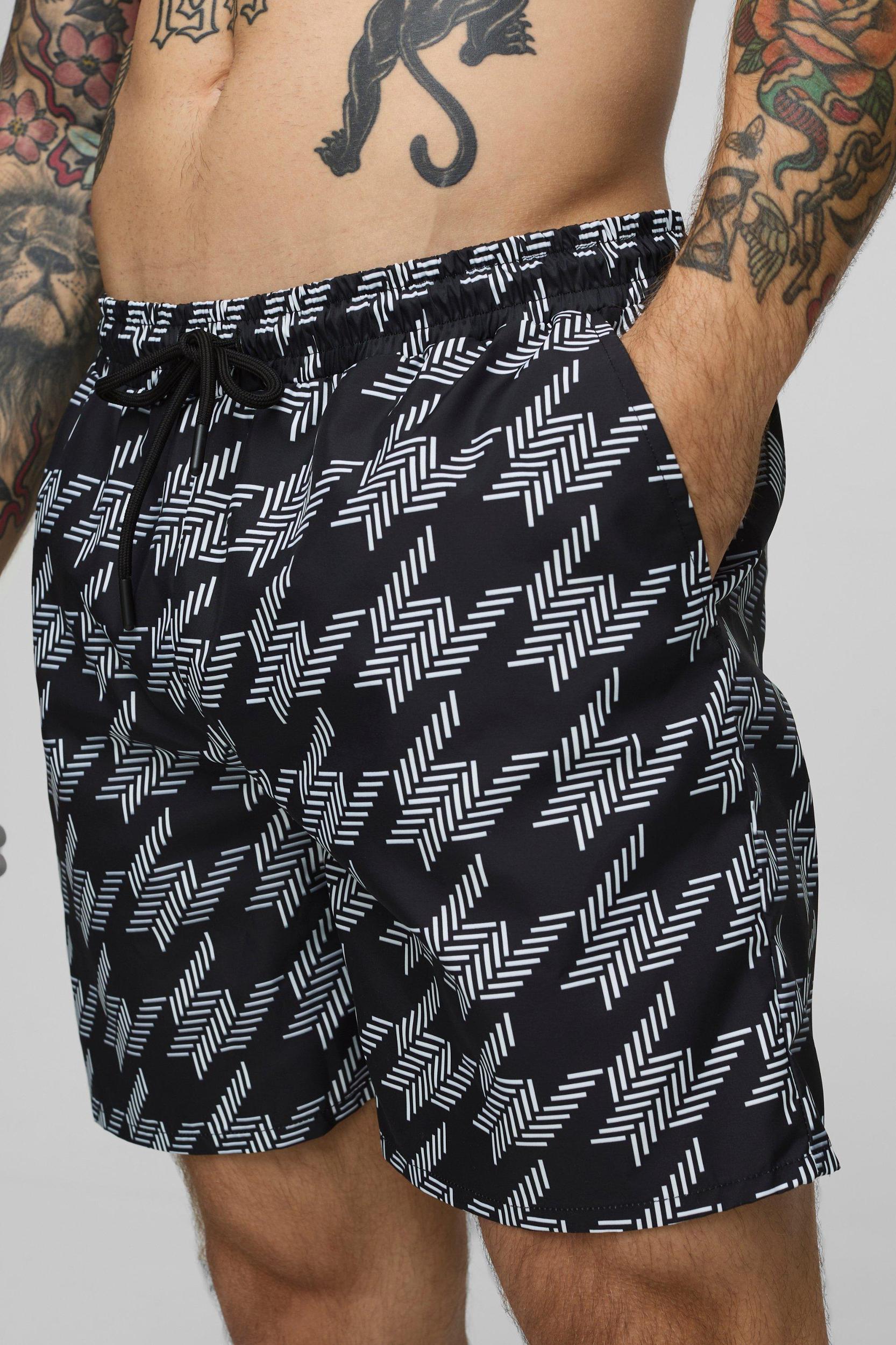 Houndstooth Print Mid Length Swim | boohooMAN USA Product Image