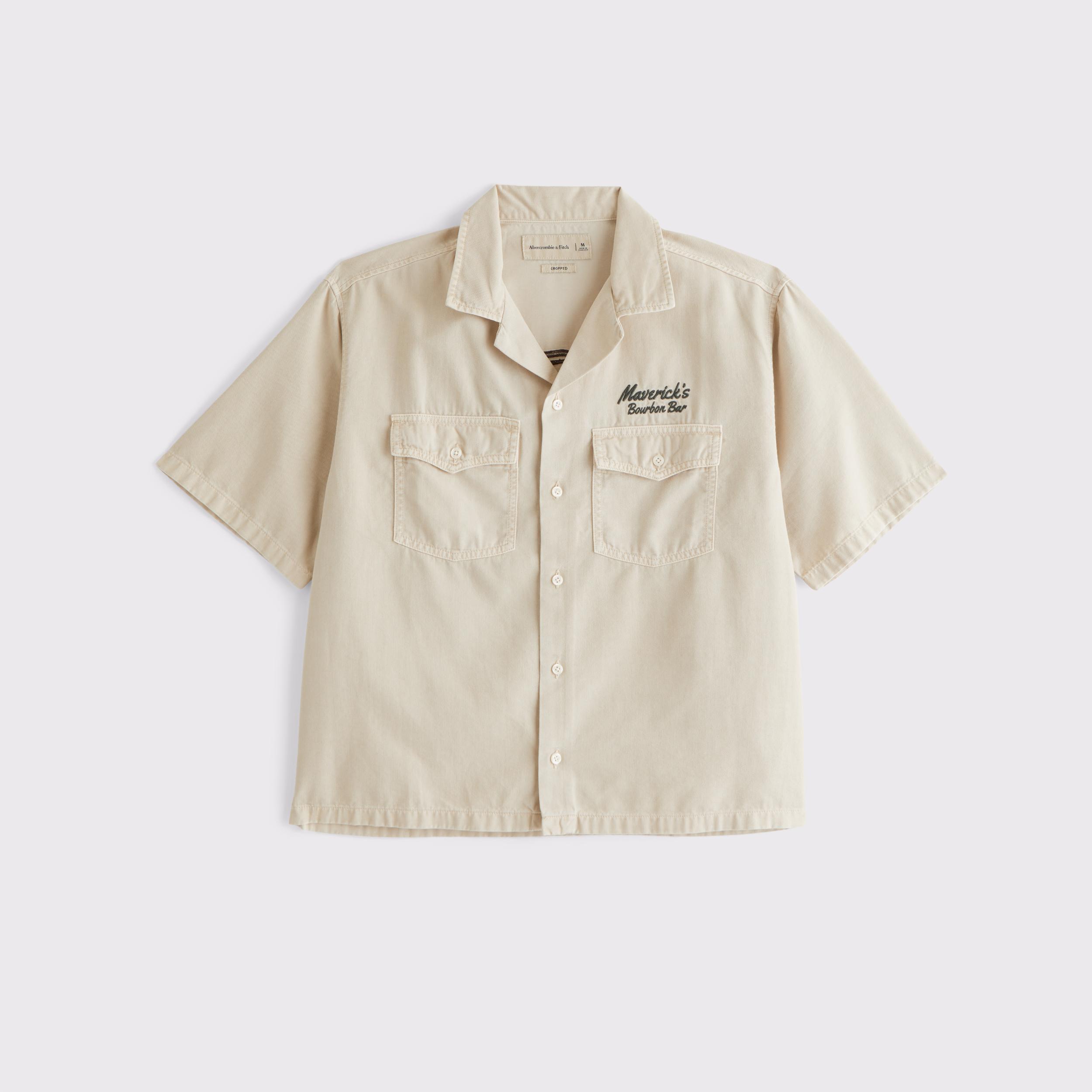 Short-Sleeve Cropped Western Graphic Button-Up Shirt Product Image