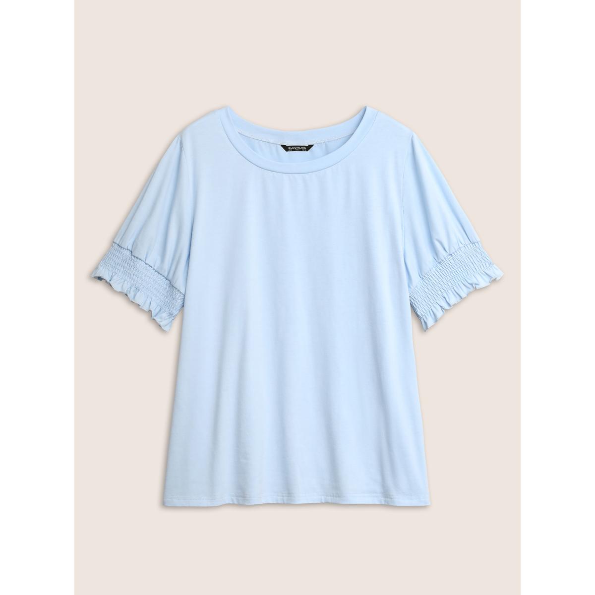 Plus Size Round Neck Solid Shirred Puff Sleeve T-shirt LightBlue Women Elegant Shirred Round Neck Everyday T-shirts BloomChic 12/L Product Image