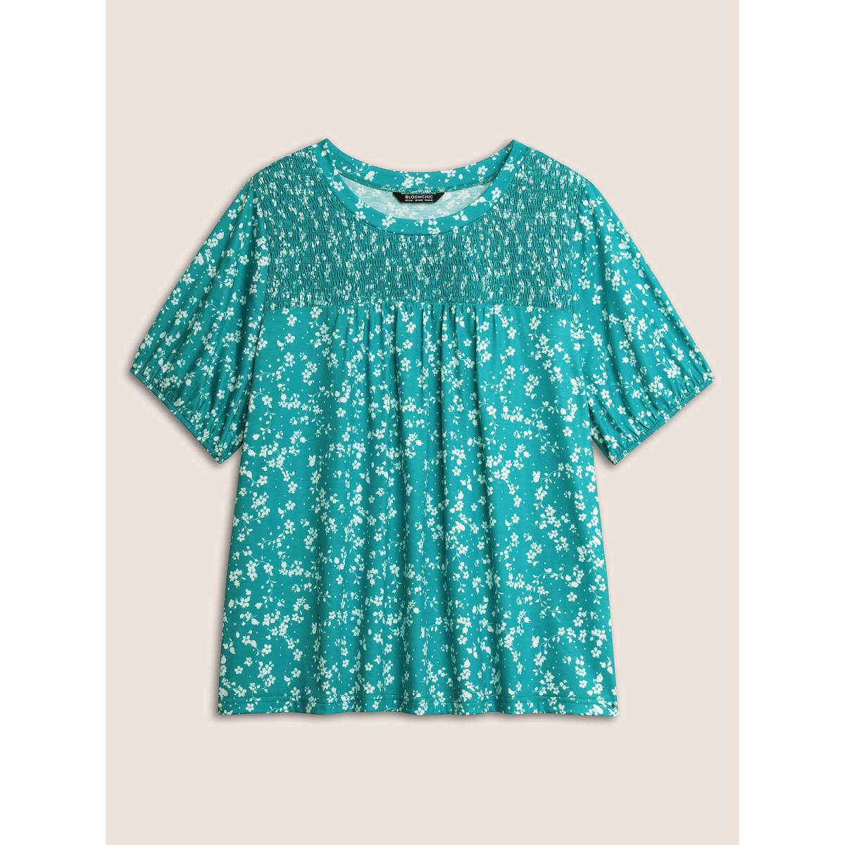 Plus Size Ditsy Floral Shirred Lantern Sleeve T-shirt Emerald Women Elegant Gathered Round Neck Everyday T-shirts BloomChic 28/5X Product Image