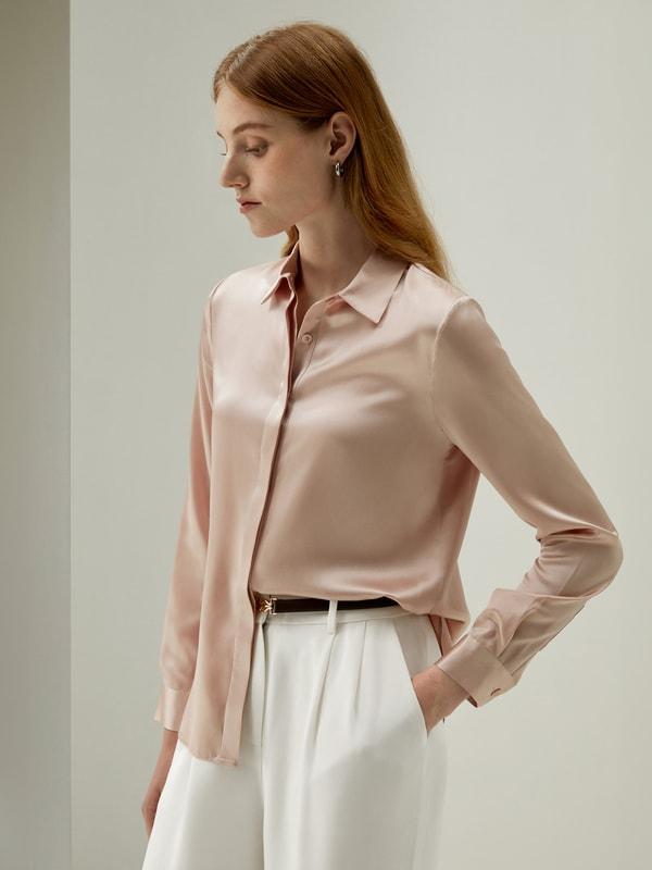 LILYSILK Silk Shirt Women - Dark Gray Mulberry Silk - Non-Toxic Dyes Concealed Mother-Of-Pearl Buttons Blouse Petite M Product Image