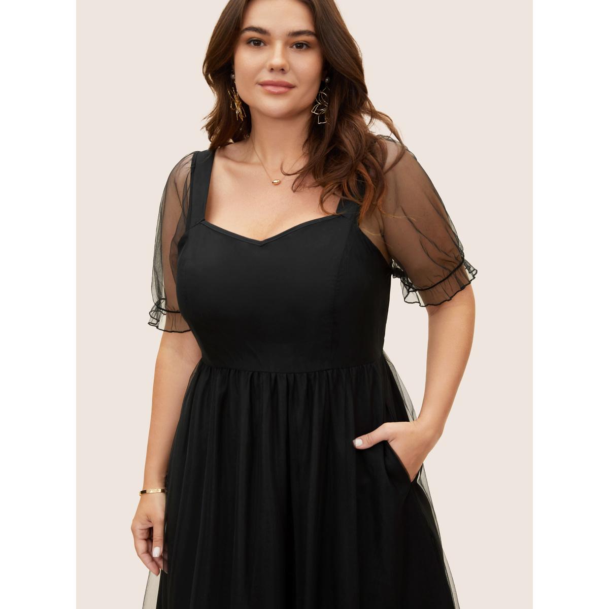 Plus Size Heart Neckline Patchwork Mesh Elastic Waist Dress Black Women Elegant See through Heart neckline Short sleeve Curvy BloomChic 12/L Product Image