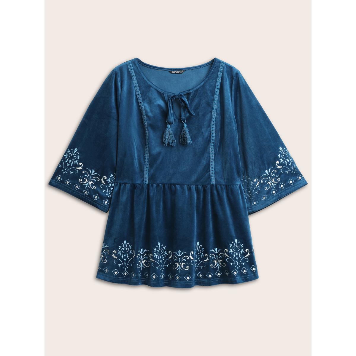 Plus Size Indigo Velvet Contrast Embroidered Tassels Ties Blouse Women Resort Elbow-length sleeve Tie Neck Vacation Blouses BloomChic 18-20/2X Product Image