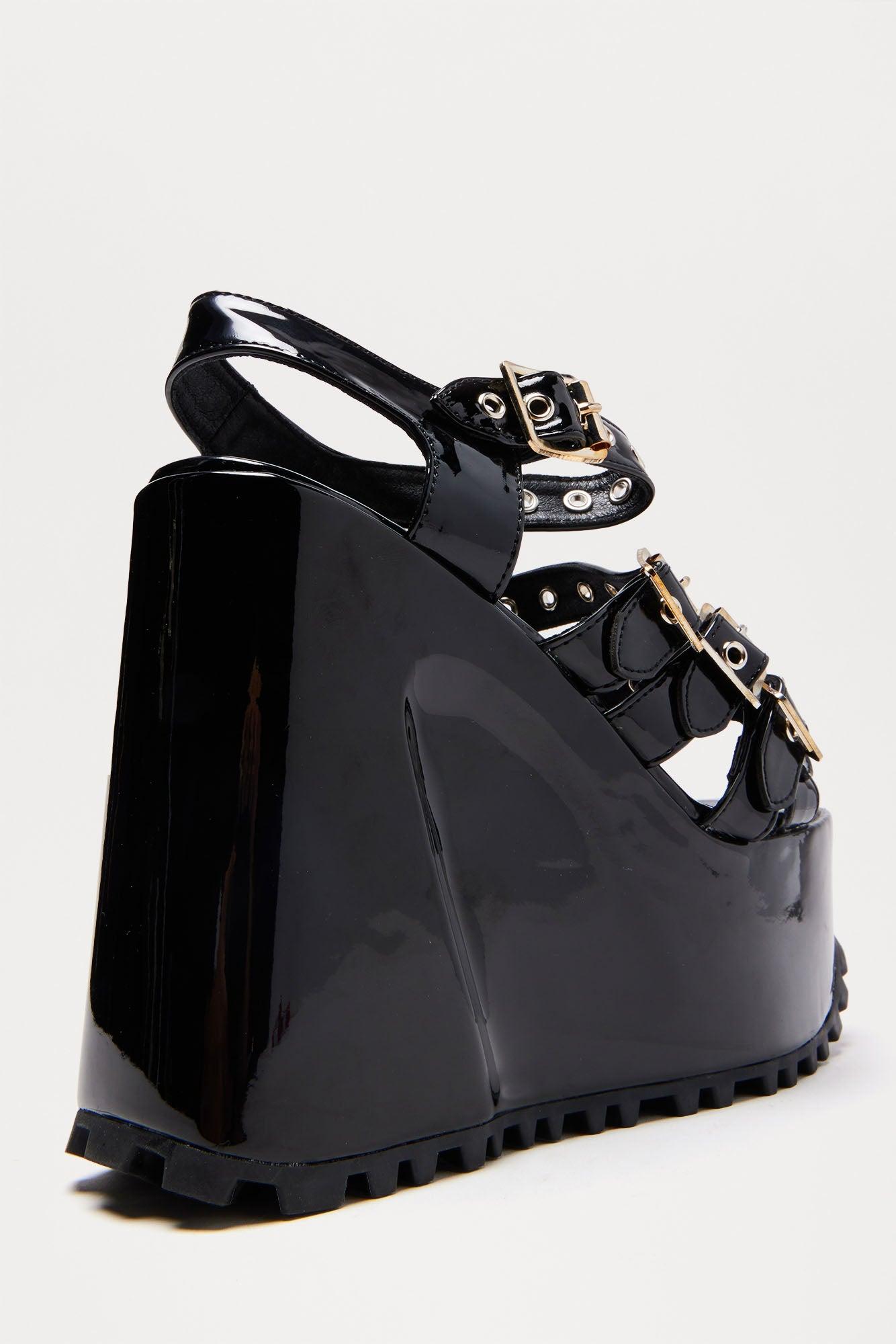 Mikey Buckle Platform Wedges - Black Female Product Image