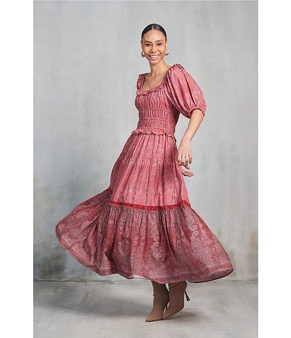 Ro's Garden Percy Woven Baltistan Print Ruffle Trim Square Neck Short Puff Sleeve Smocked Waist Tiered A-Line Flounce Maxi Dress Product Image