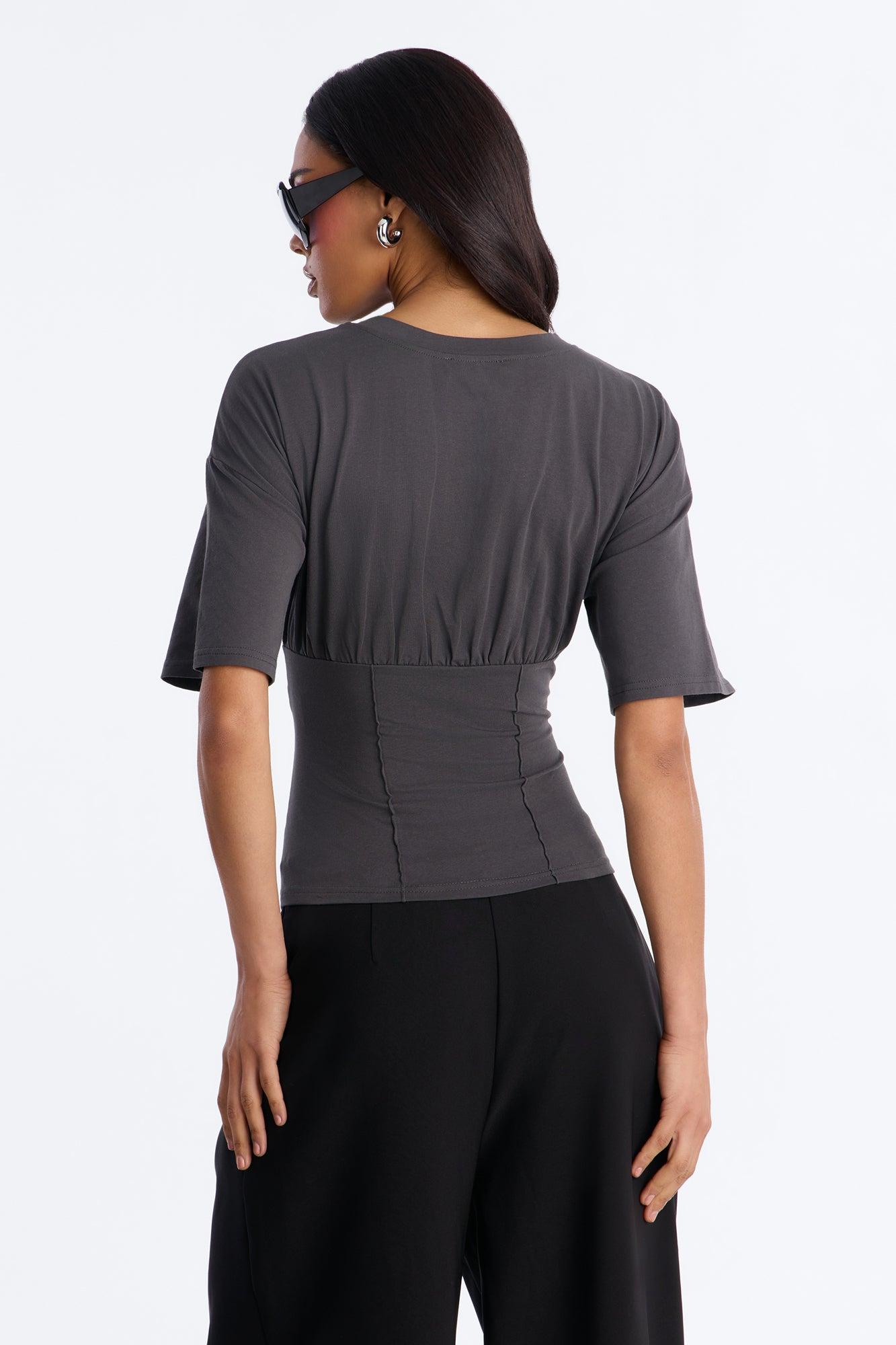 Kaylee Cinched Waist Short Sleeve T-Shirt - Charcoal Female Product Image