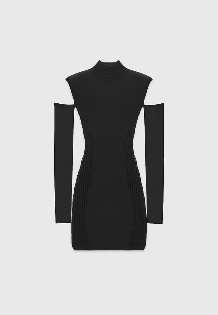 Knitted Contour Dress with Leather Sleeves - Black Female Product Image