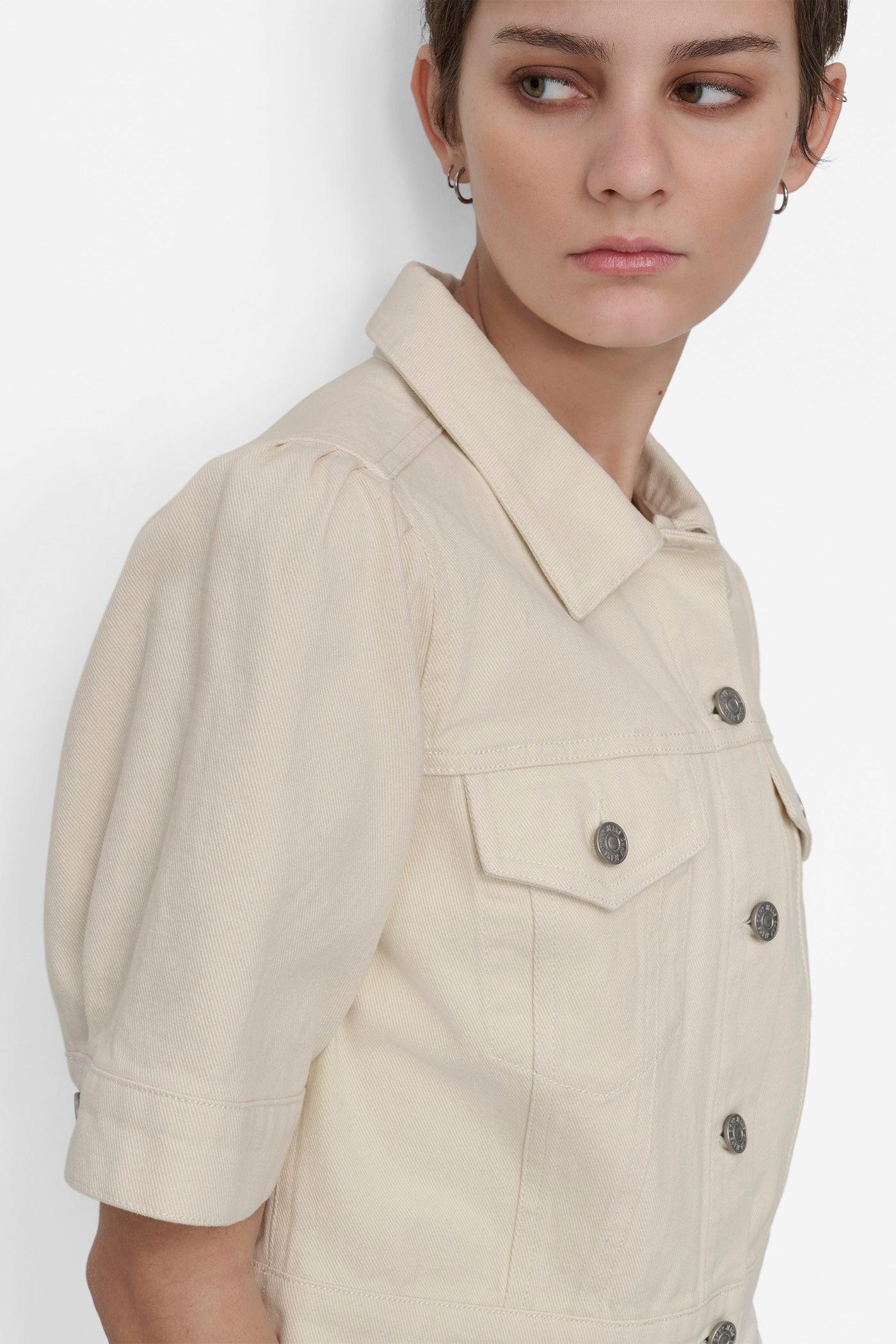 CROP PUFF SLEEVE DENIM JACKET Product Image