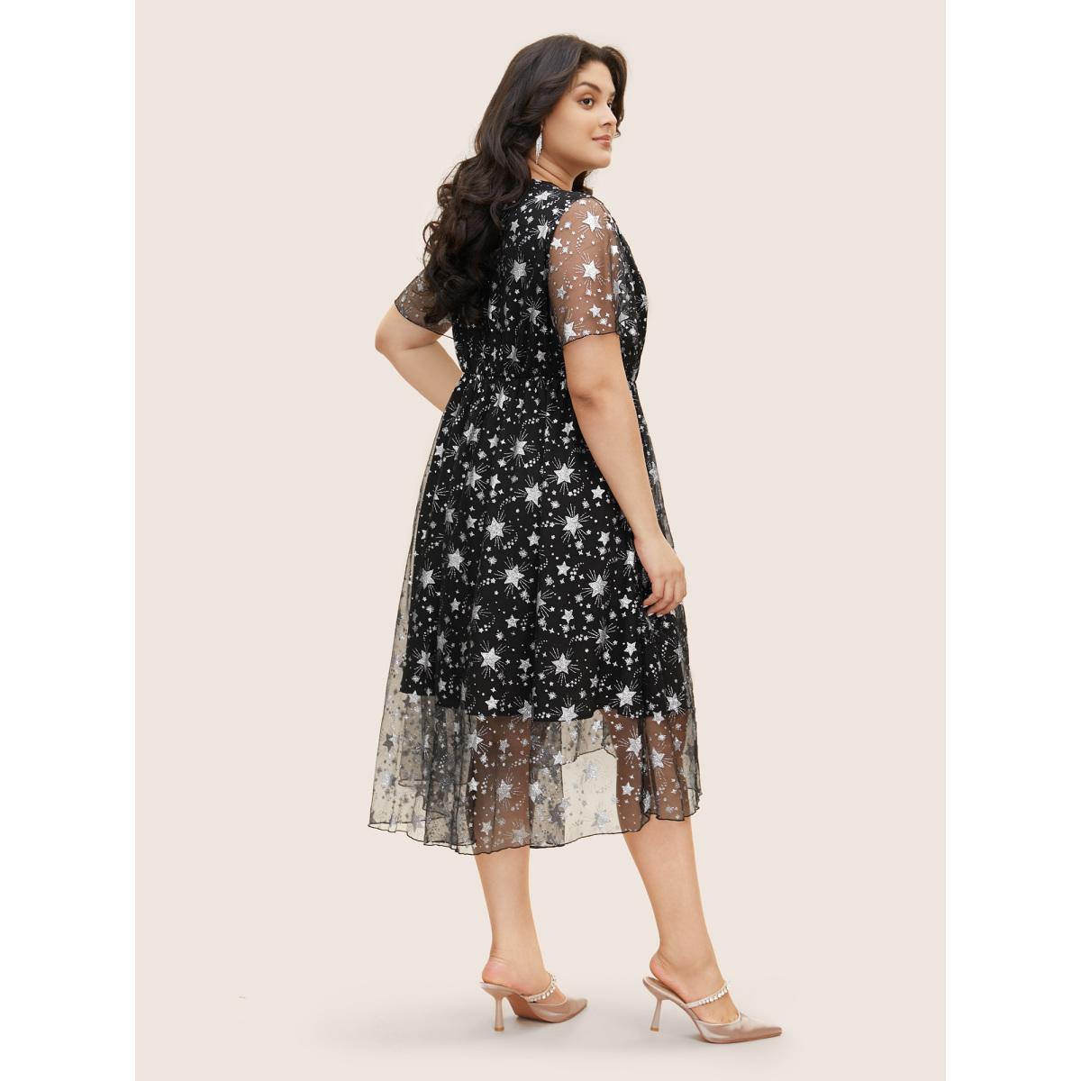 Plus Size Glitter Star Mesh Patchwork Ruffle Sleeve Dress Black Women Resort Gathered Overlap Collar Short sleeve Curvy BloomChic 30/6X Product Image