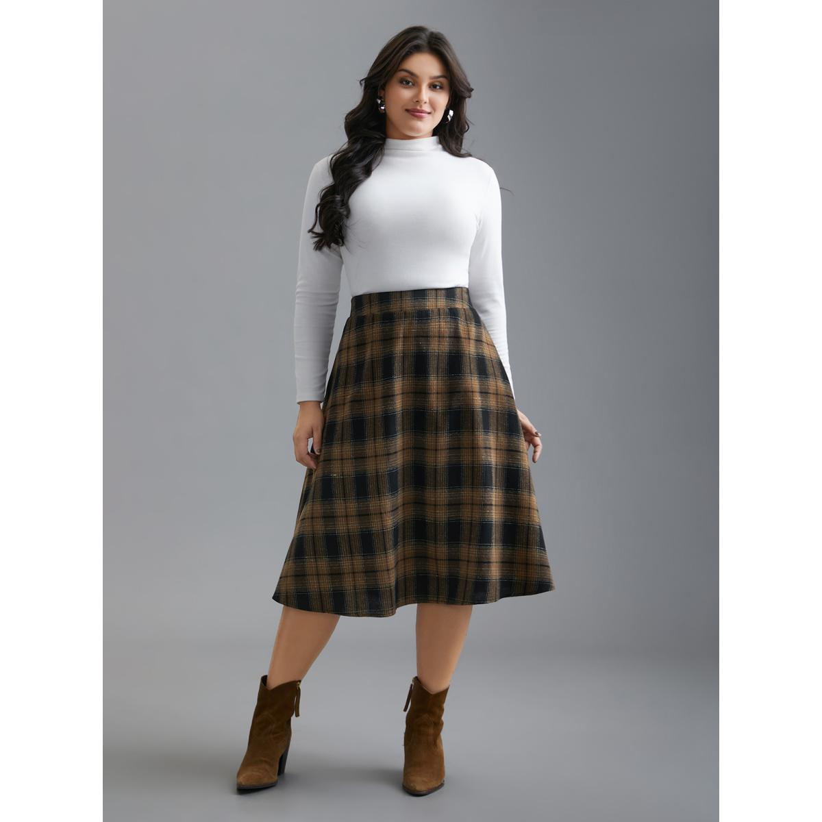 Plus Size Plaid Elastic Waist Slant Pocket Skirt Women Yellowishbrown Elegant No stretch Slanted pocket Everyday Skirts BloomChic 22-24/3X Product Image