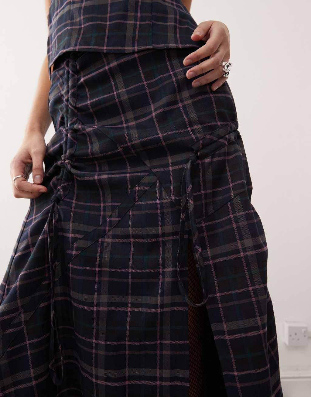COLLUSION ruched detail cut out midi skirt in multi plaid - part of a set Product Image