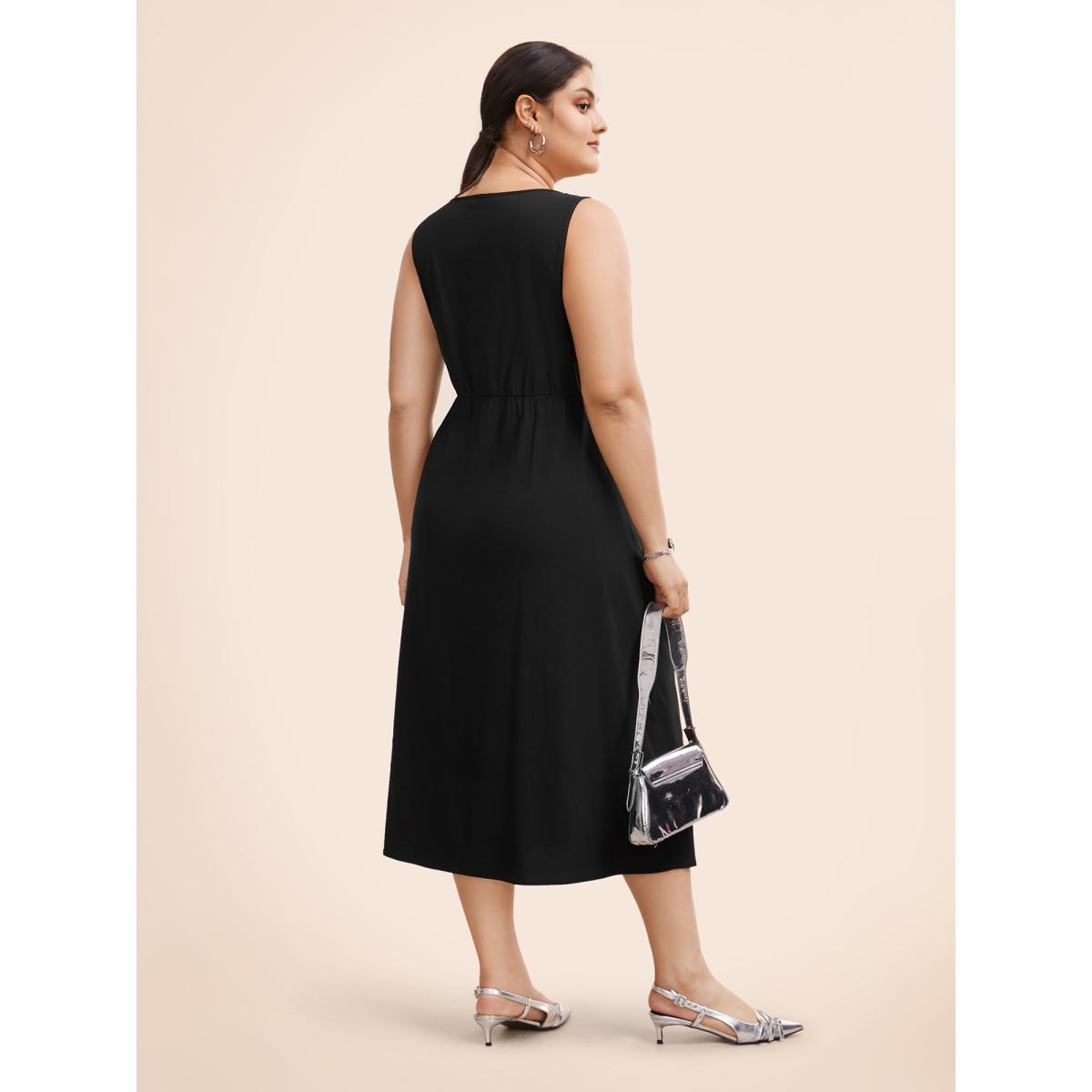 Plus Size Stretch Woven Pleated Flare Vest Midi Dress Black Women At the Office Gathered Square Neck Sleeveless Curvy BloomChic 18-20/2X Product Image