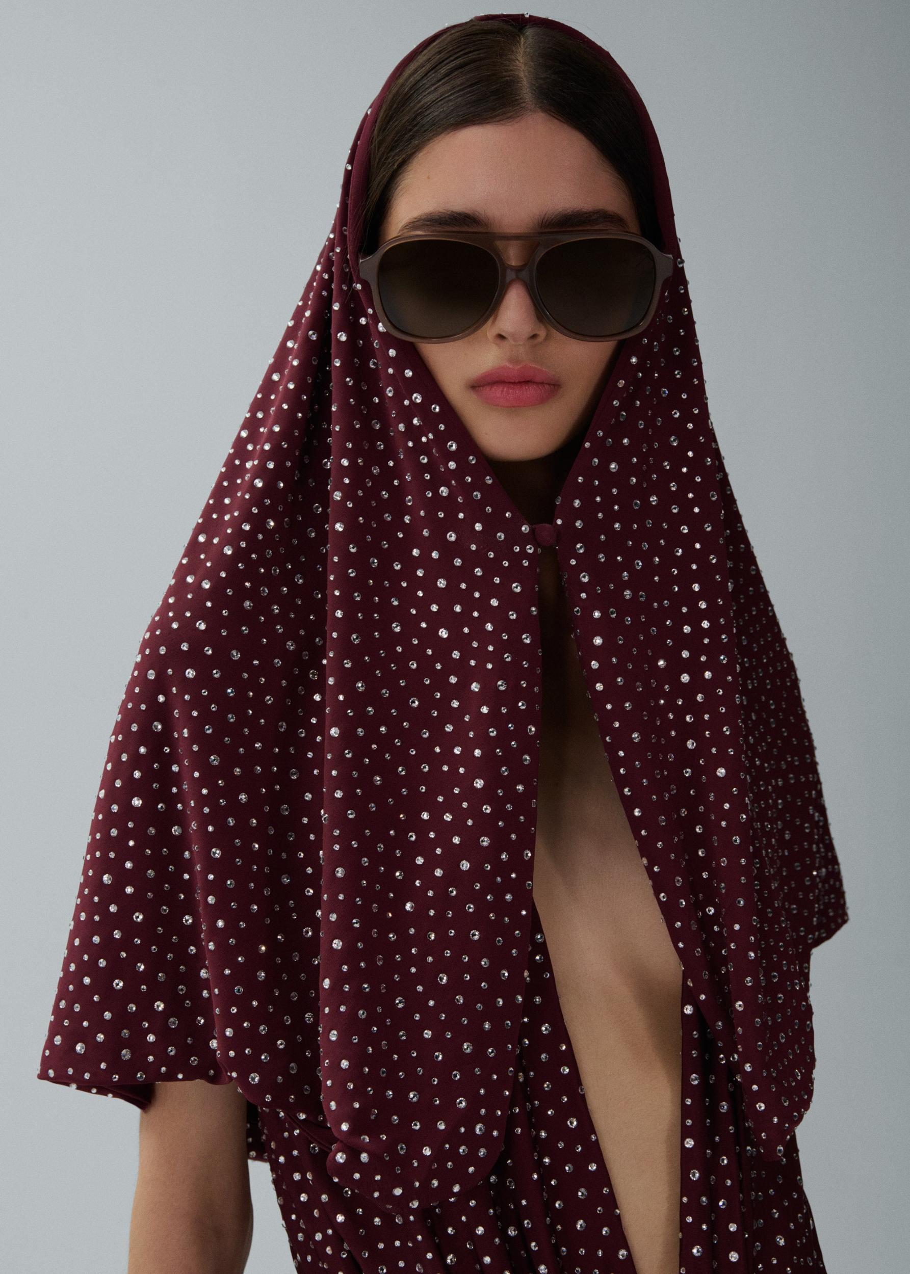 Hooded plunge maxi dress in bordeaux crystals Product Image