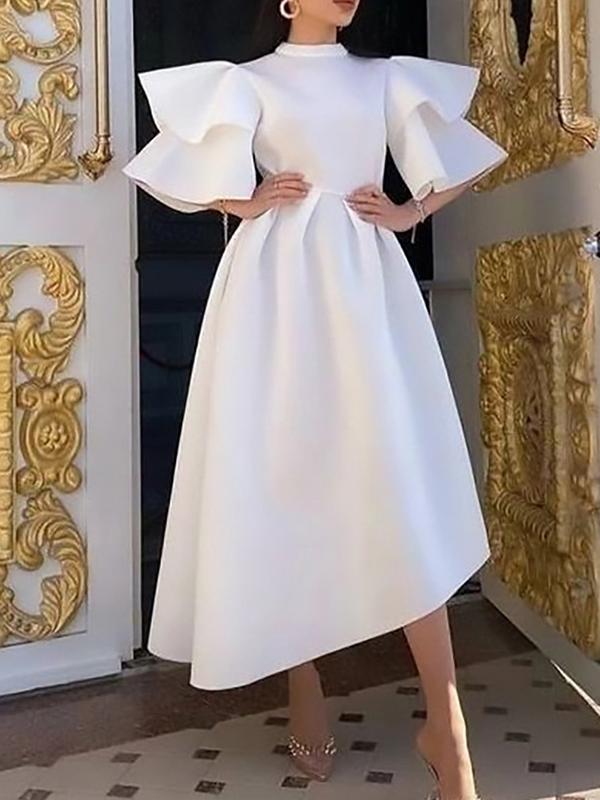 Original Loose Half Sleeves Falbala Solid Color Round-Neck Midi Dresses Product Image