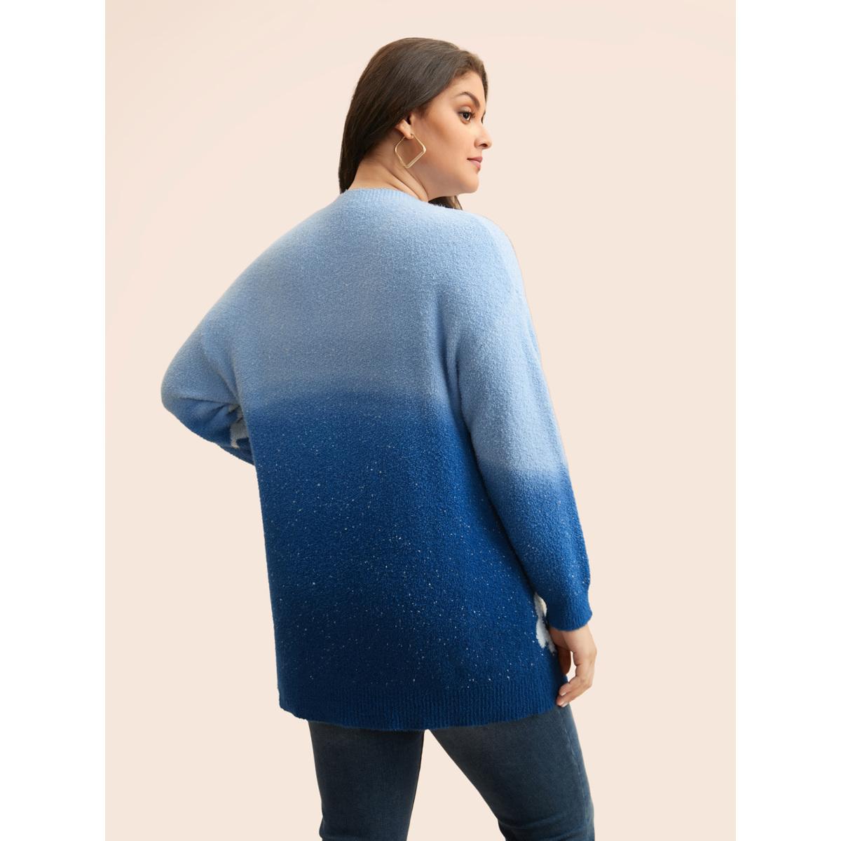 Plus Size Floral Jacquard Ombre Drop Shoulder Pullover Indigo Women Casual Long Sleeve Round Neck Everyday Pullovers BloomChic 18-20/2X Product Image