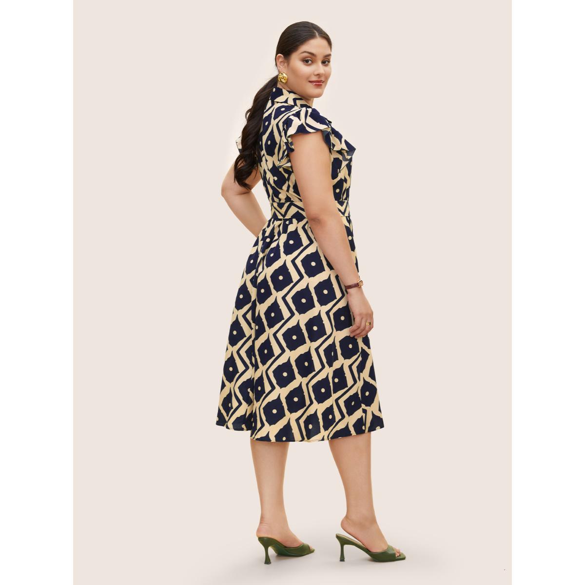 Plus Size Shirt Collar Geometric Ruffle Cap Sleeve Dress DarkBlue Women At the Office Belted Shirt collar Cap Sleeve Curvy BloomChic 28/5X Product Image
