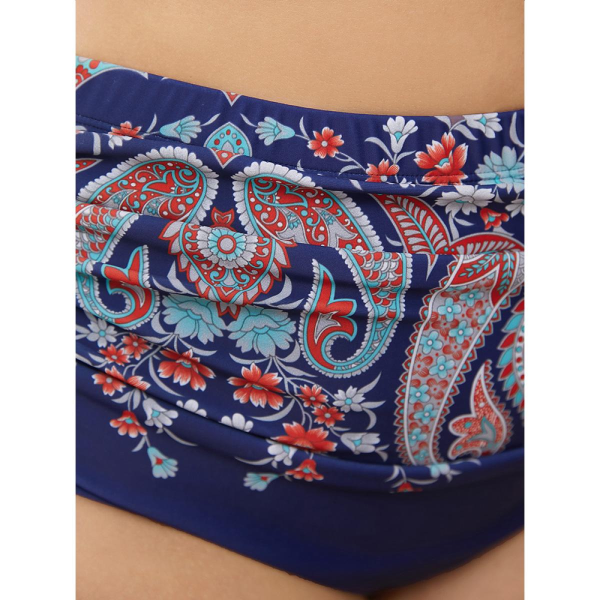 Plus Size Paisley Print Ruched Front Swim Bottom Women's Swimwear Navy Vacation Gathered High stretch Skinny High Rise Curve Swim Bottoms BloomChic 14-16/1X Product Image