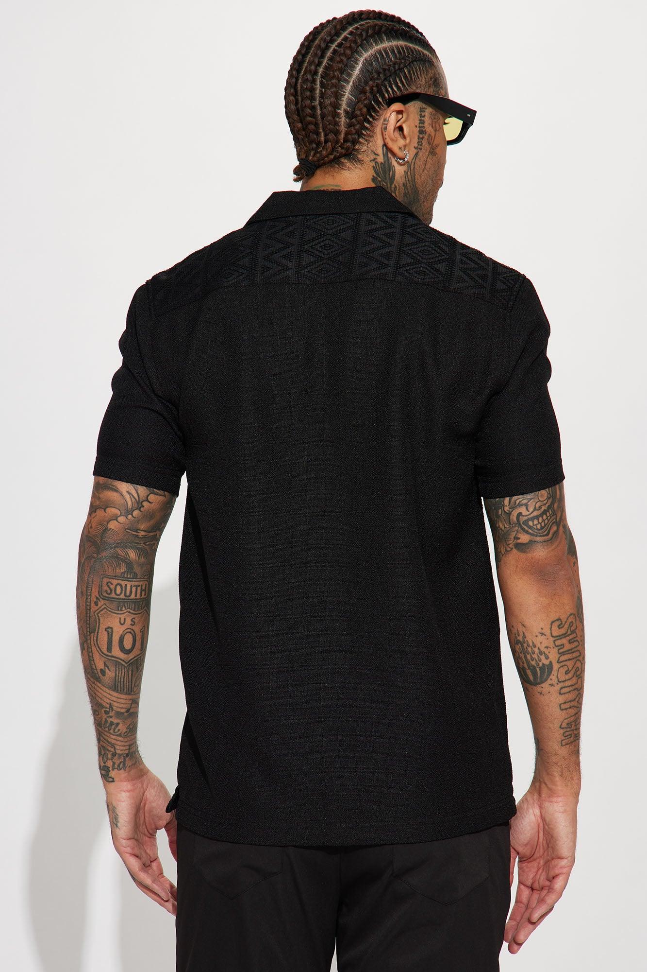 Half Crochet Pattern Short Sleeve Button Up Shirt - Black Product Image