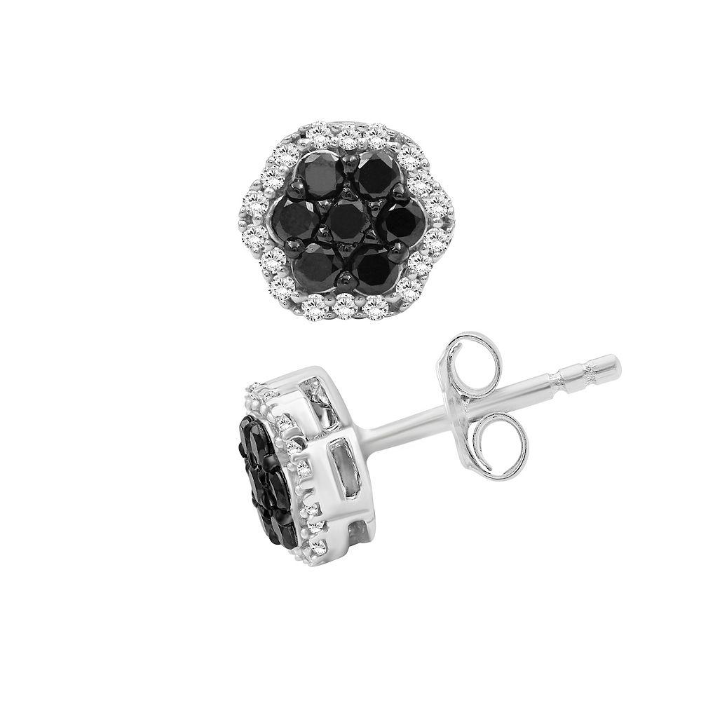 Jewelexcess Sterling Silver 1/2 Carat T.W. Black & White Diamond Halo Cluster Earrings, Women's Product Image