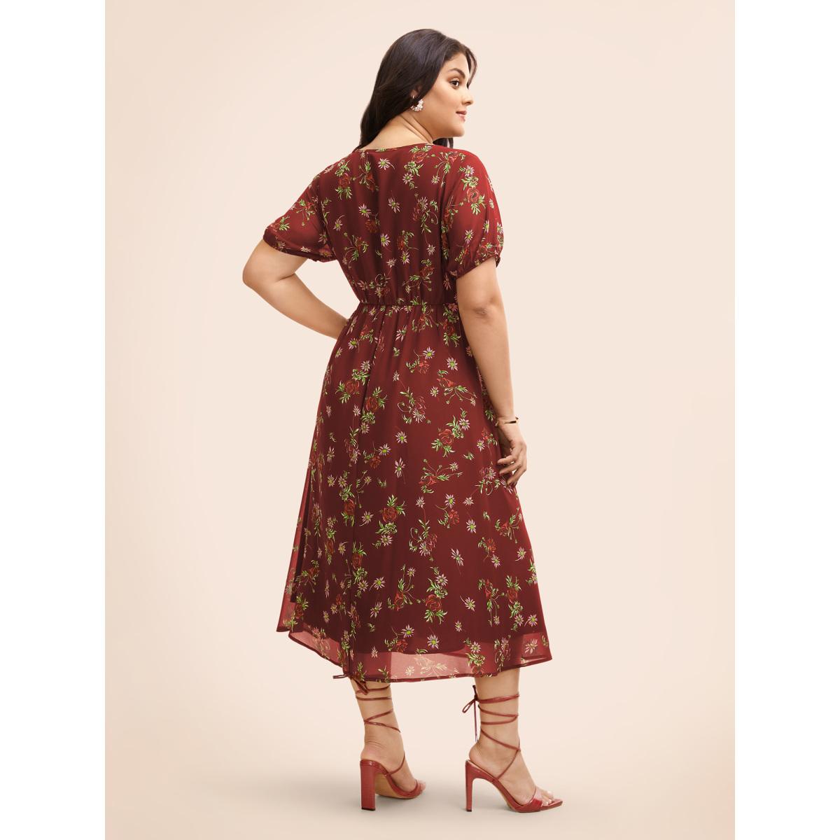 Plus Size Floral Notched Chiffon Mesh Midi Dress Burgundy Women Timeless See through Notched collar Short sleeve Curvy BloomChic 14-16/1X Product Image