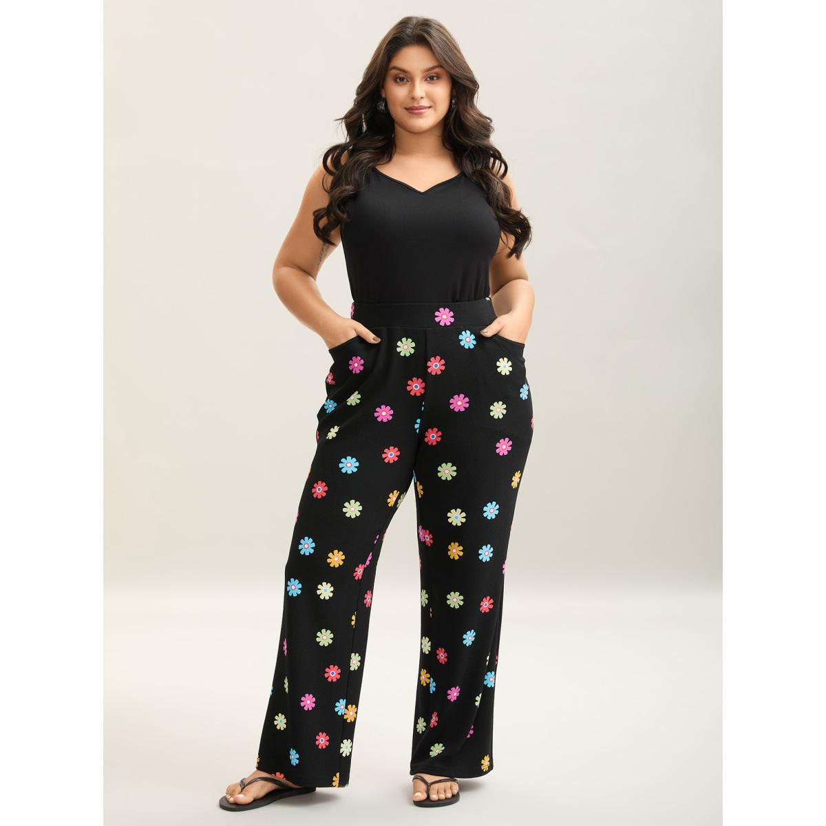 Plus Size Multi-Color Floral Print Flared Pants Women BlackFlower Playful Bodycon Mid Rise Casual Pants BloomChic 28/5X Product Image