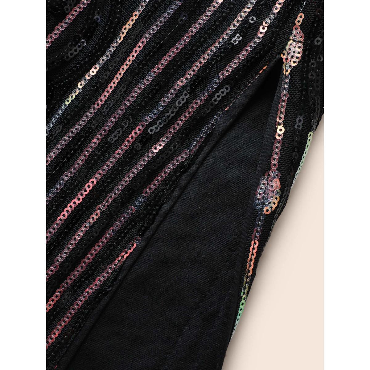 Plus Size Geometric Sequin Split Hem Cami Dress Black Women Cocktail Texture Non Sleeveless Curvy BloomChic 18-20/2X Product Image