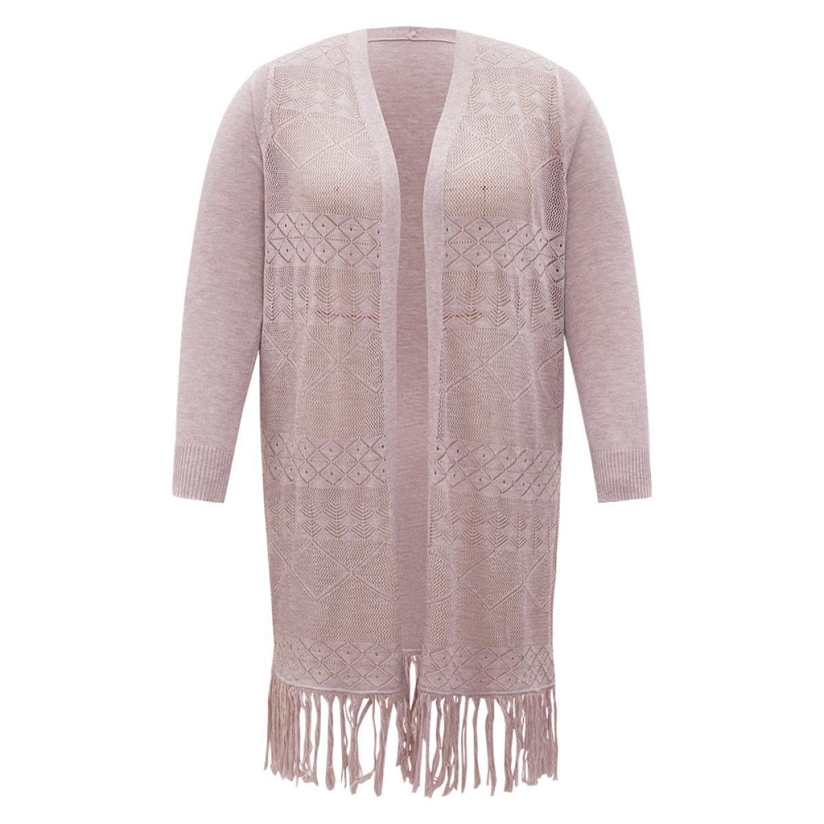 Plus Size Geometric Eyelet Fringe Trim Open Front Cardigan WhiteSmoke Women Casual Loose Long Sleeve Dailywear Cardigans BloomChic 28/5X Product Image