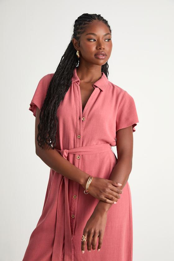 Italian Summer Rusty Rose Linen Button-Up Short Sleeve Dress Product Image