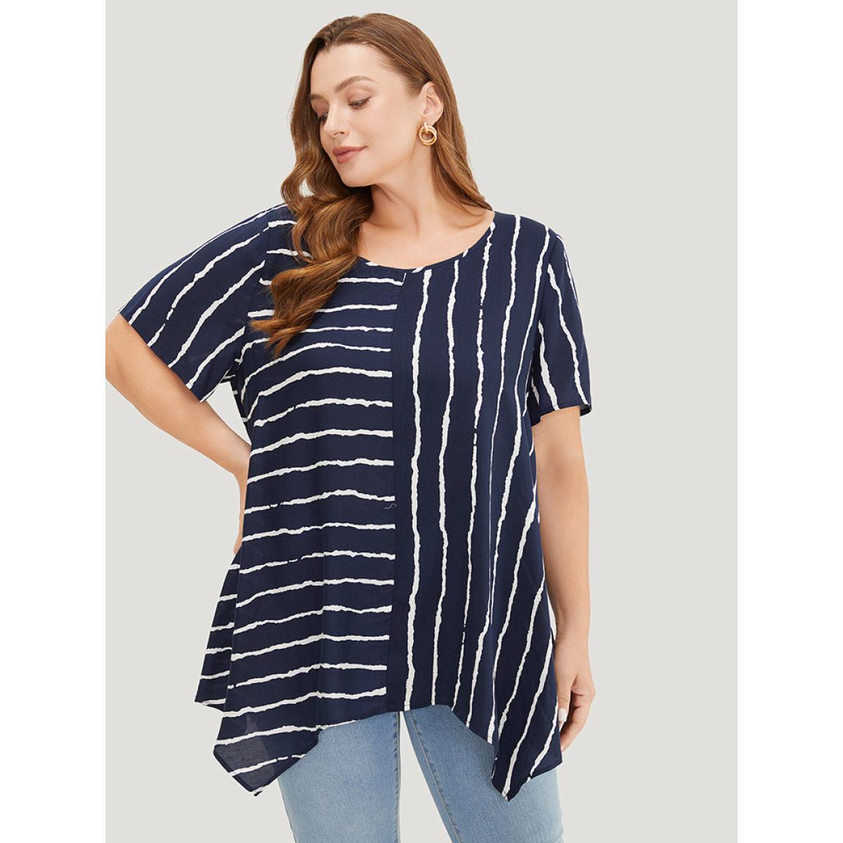 Plus Size Indigo Striped Patchwork Hanky Hem Blouse Women Office Short sleeve Round Neck Dailywear Blouses BloomChic 12/L Product Image