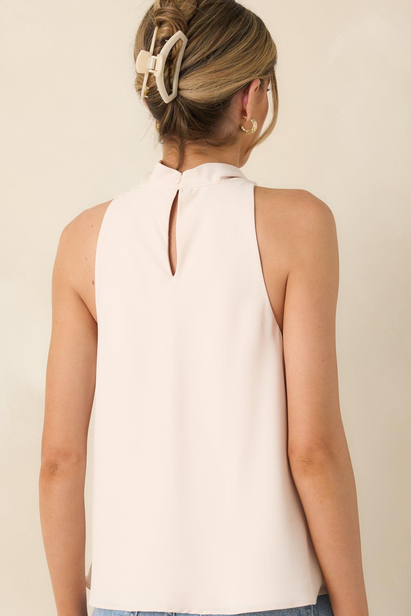 Effortlessly Refined Light Beige Draped Neck Gold Accent Sleeveless Top Product Image
