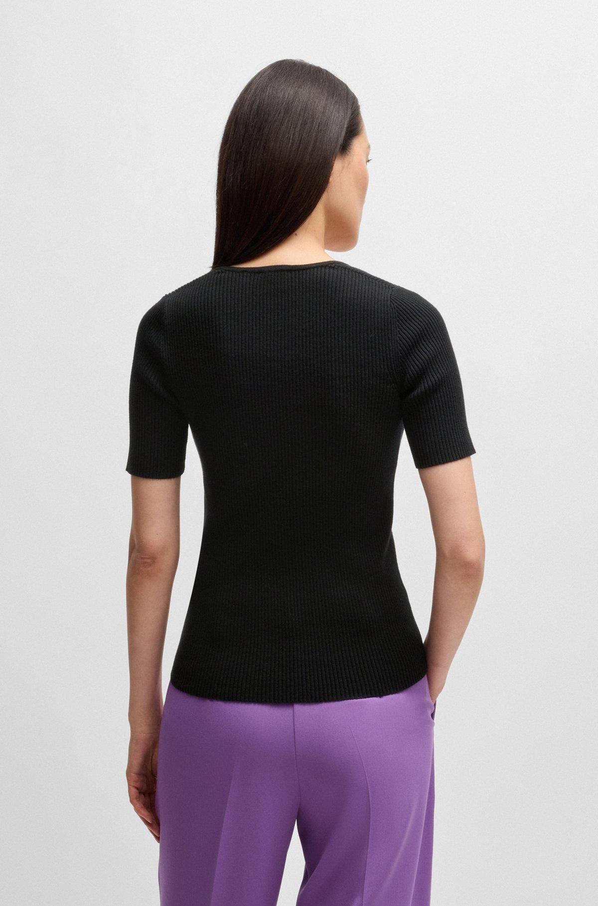 BOSS - Square-neck short-sleeved sweater in ribbed stretch fabric - Black Product Image