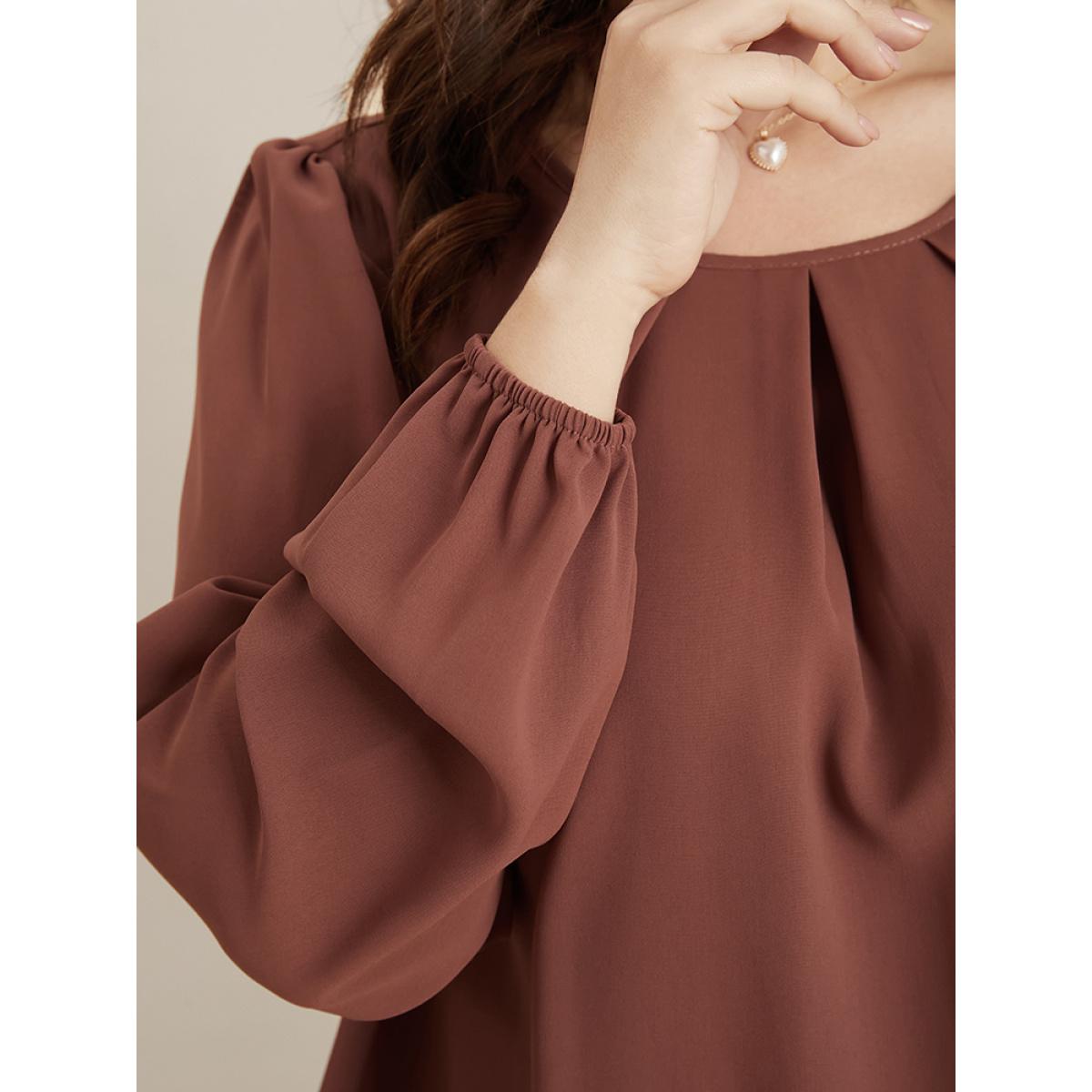Plus Size DustyPink Solid Round Neck Pleated Lantern Sleeve Blouse Women Elegant Long Sleeve Round Neck Dailywear Blouses BloomChic 30/6X Product Image