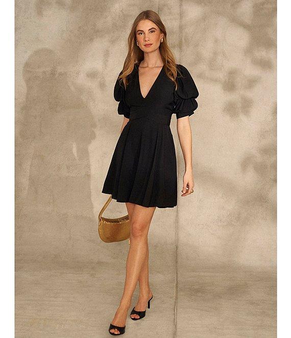 1. STATE Short Puffed Sleeve V-Neck Suede Satin Mini Dress Product Image