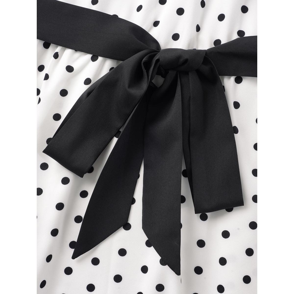 Plus Size Bow Polka Dot Midi Dress Originalwhite Women Elegant Belted Mock Neck Short sleeve Curvy BloomChic 26/4X Product Image