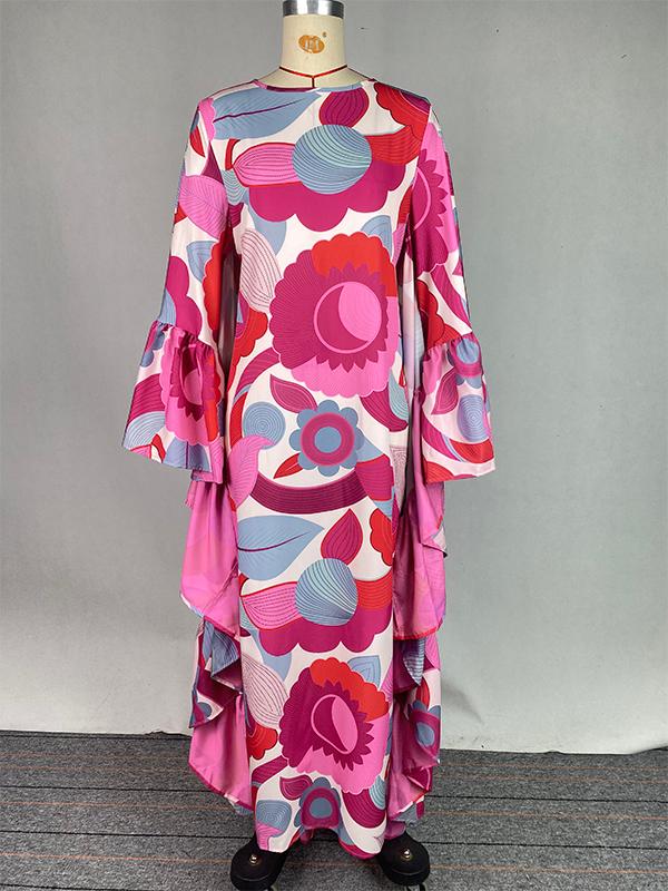 Batwing Sleeves Loose Flower Print Pleated Split-Joint Round-Neck Maxi Dresses Product Image