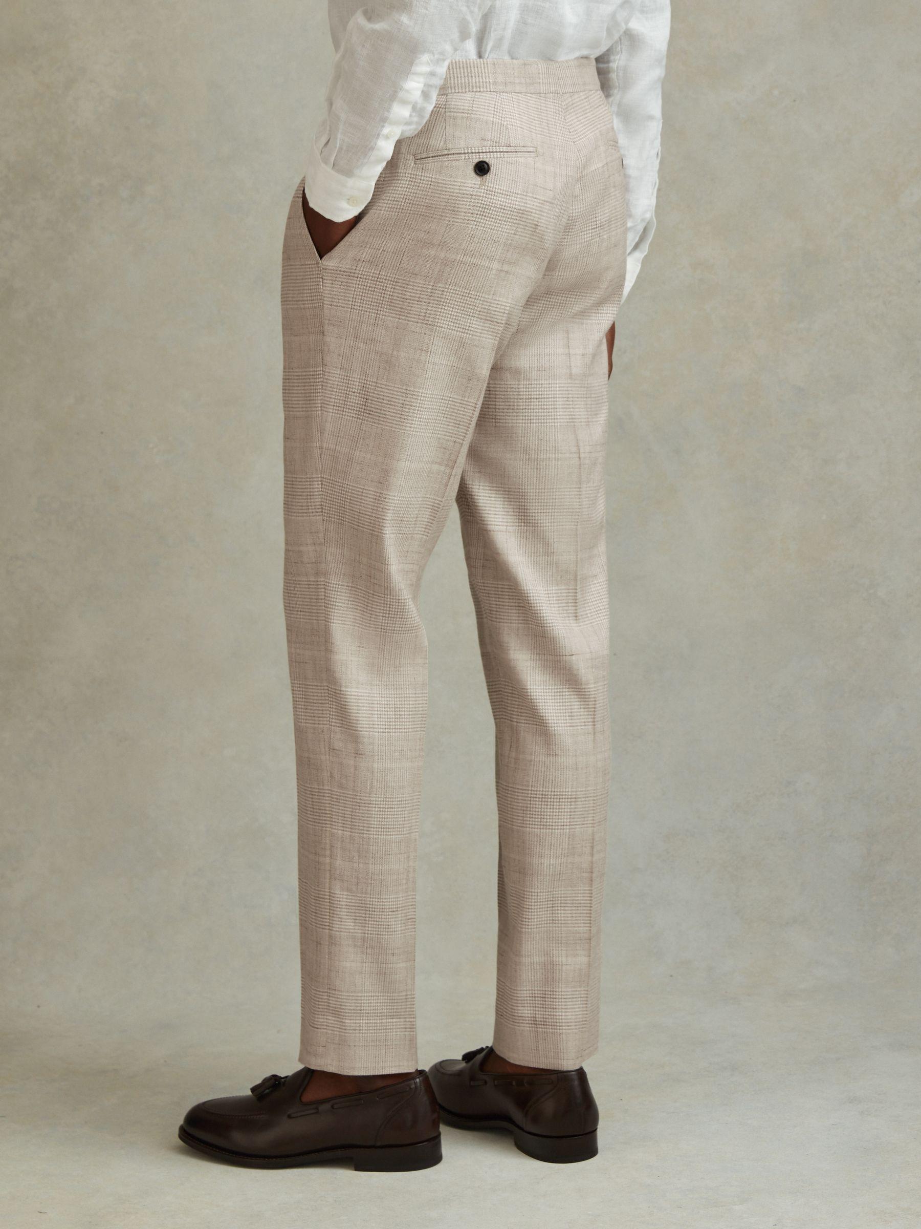Slim Fit Linen Blend Check Trousers in Oatmeal Product Image