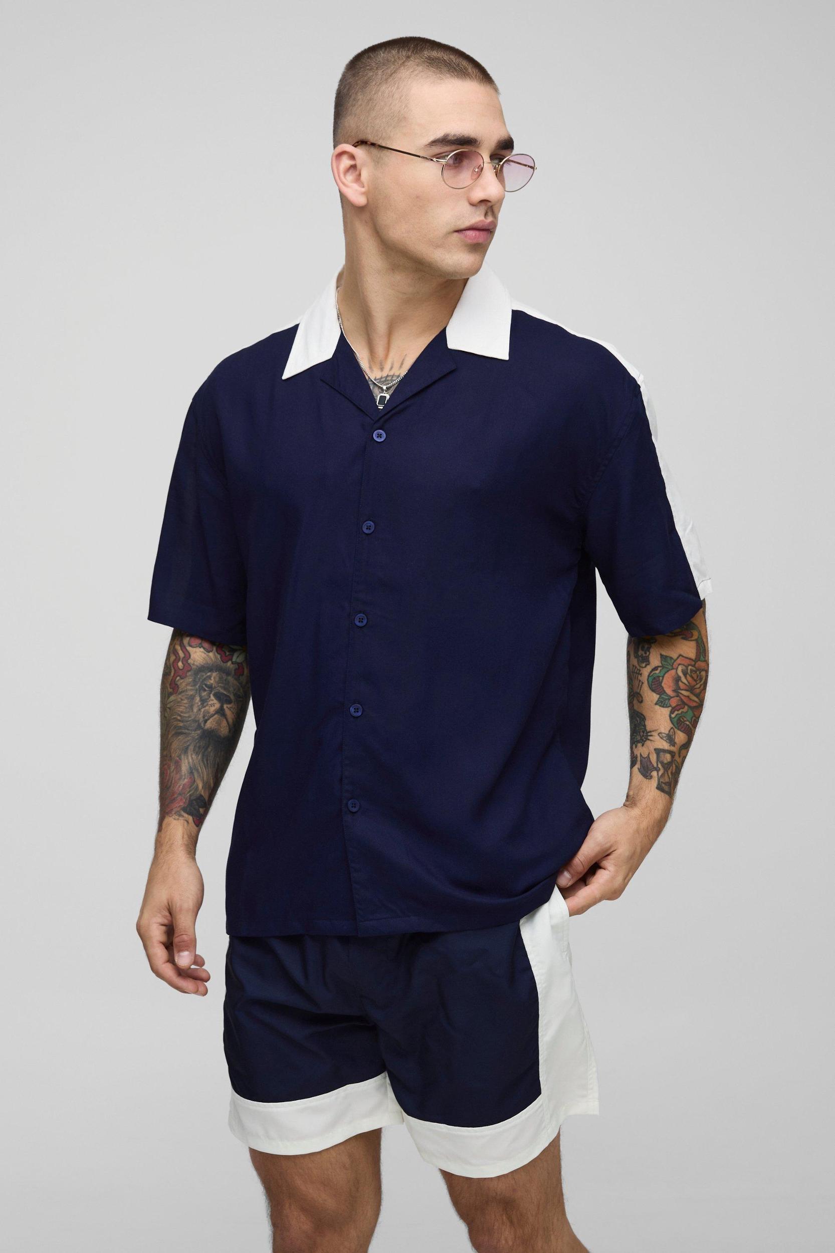 Oversized Half Sleeve Viscose Cut Sew Shirt & Swim Set | boohooMAN USA Product Image