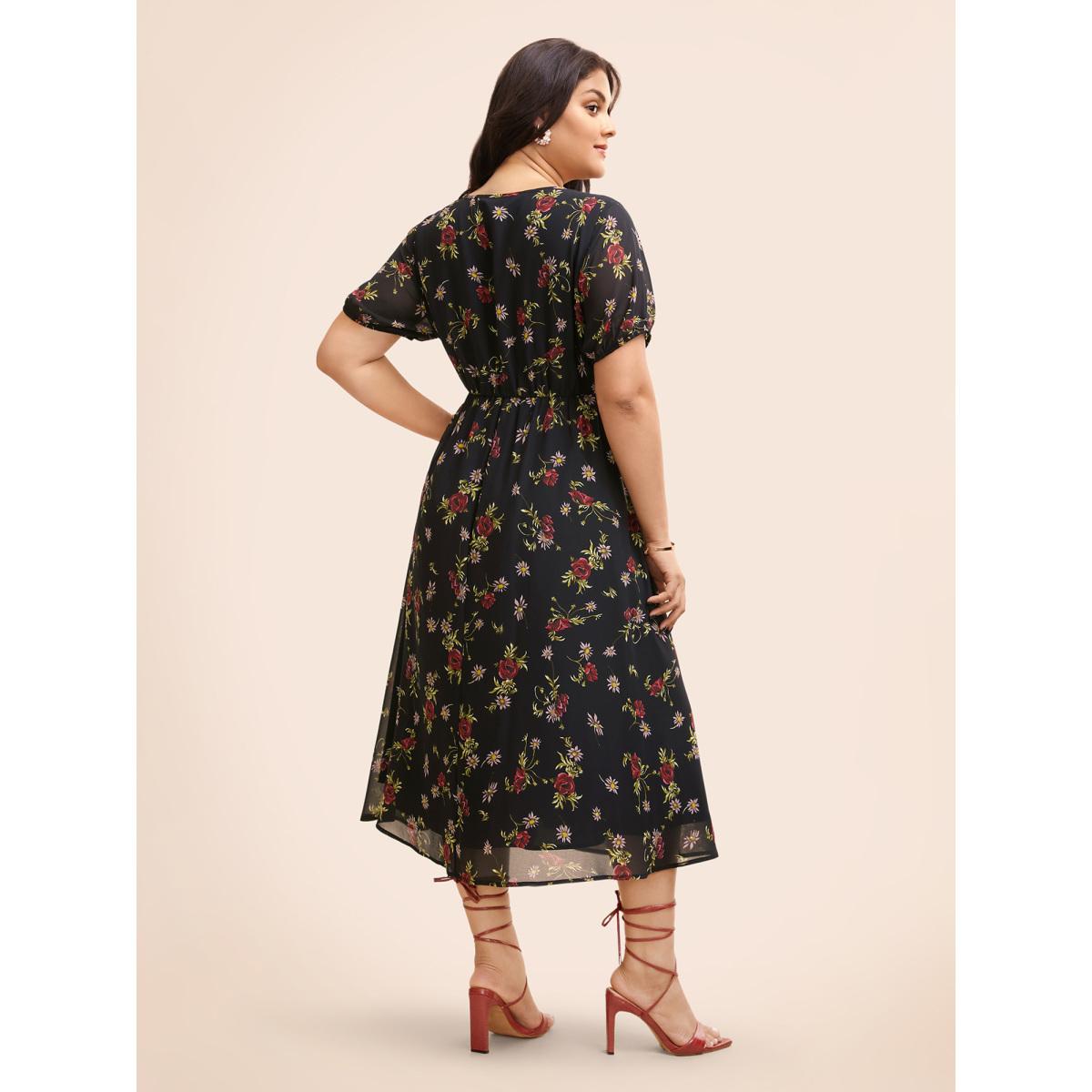 Plus Size Floral Notched Chiffon Mesh Midi Dress Black Women Timeless See through Notched collar Short sleeve Curvy BloomChic 28/5X Product Image
