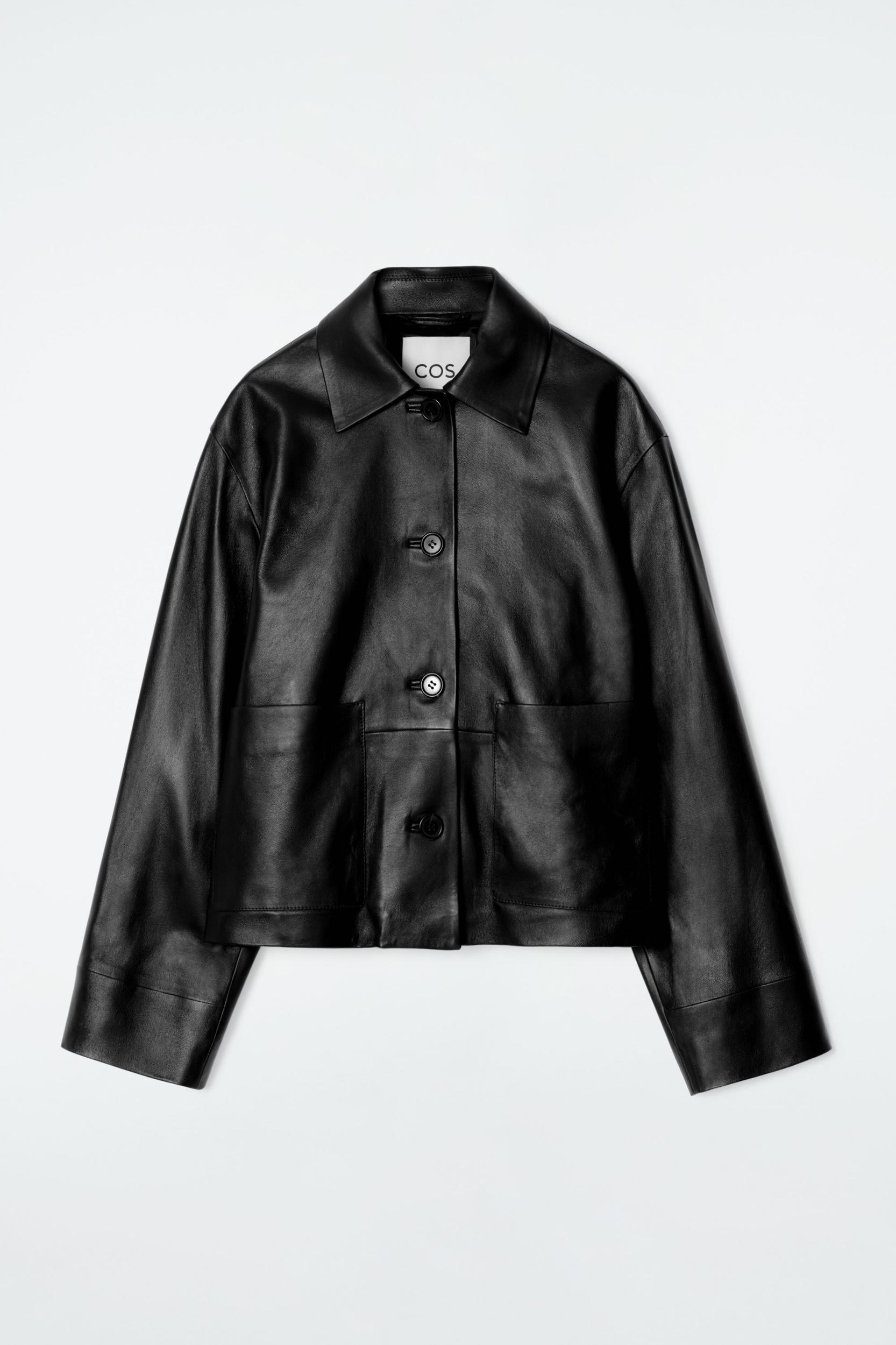 BOXY COLLARED LEATHER JACKET Product Image