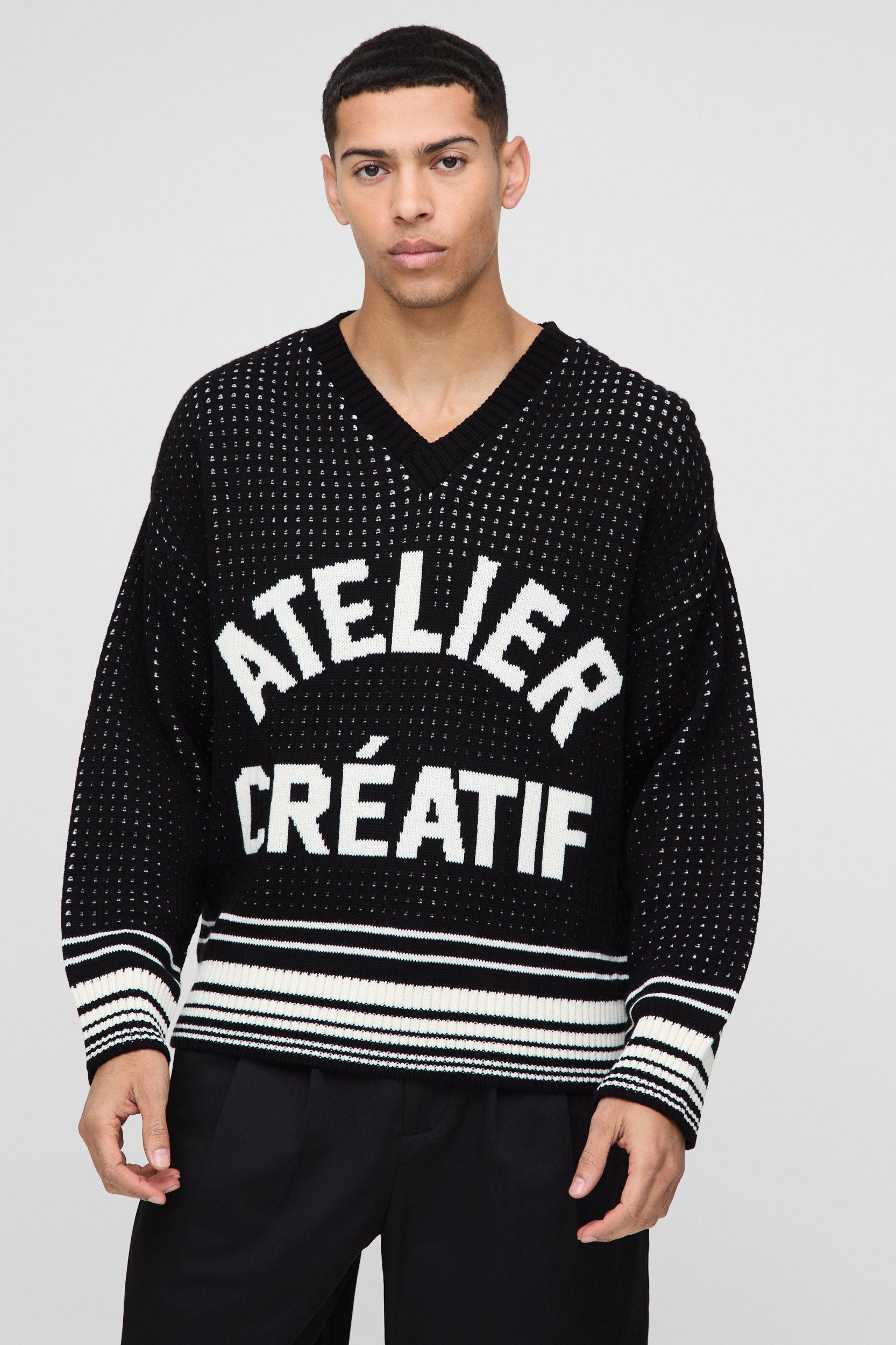 Boxy Crochet Look Stripe V Neck Knitted Sweater | boohooMAN USA Product Image