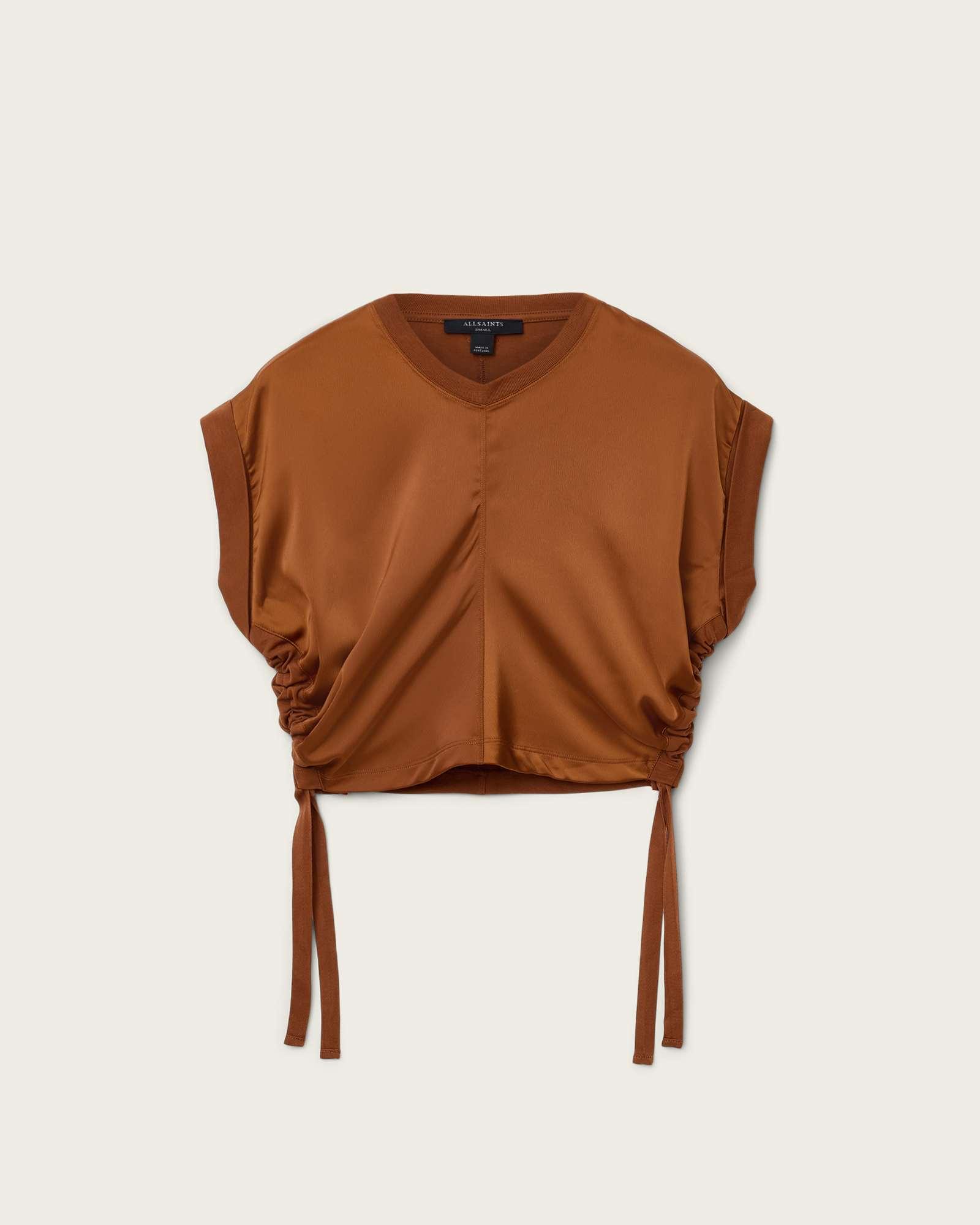 Mira Cropped Satin Drawcord T-Shirt RUST BROWN | ALLSAINTS US Product Image