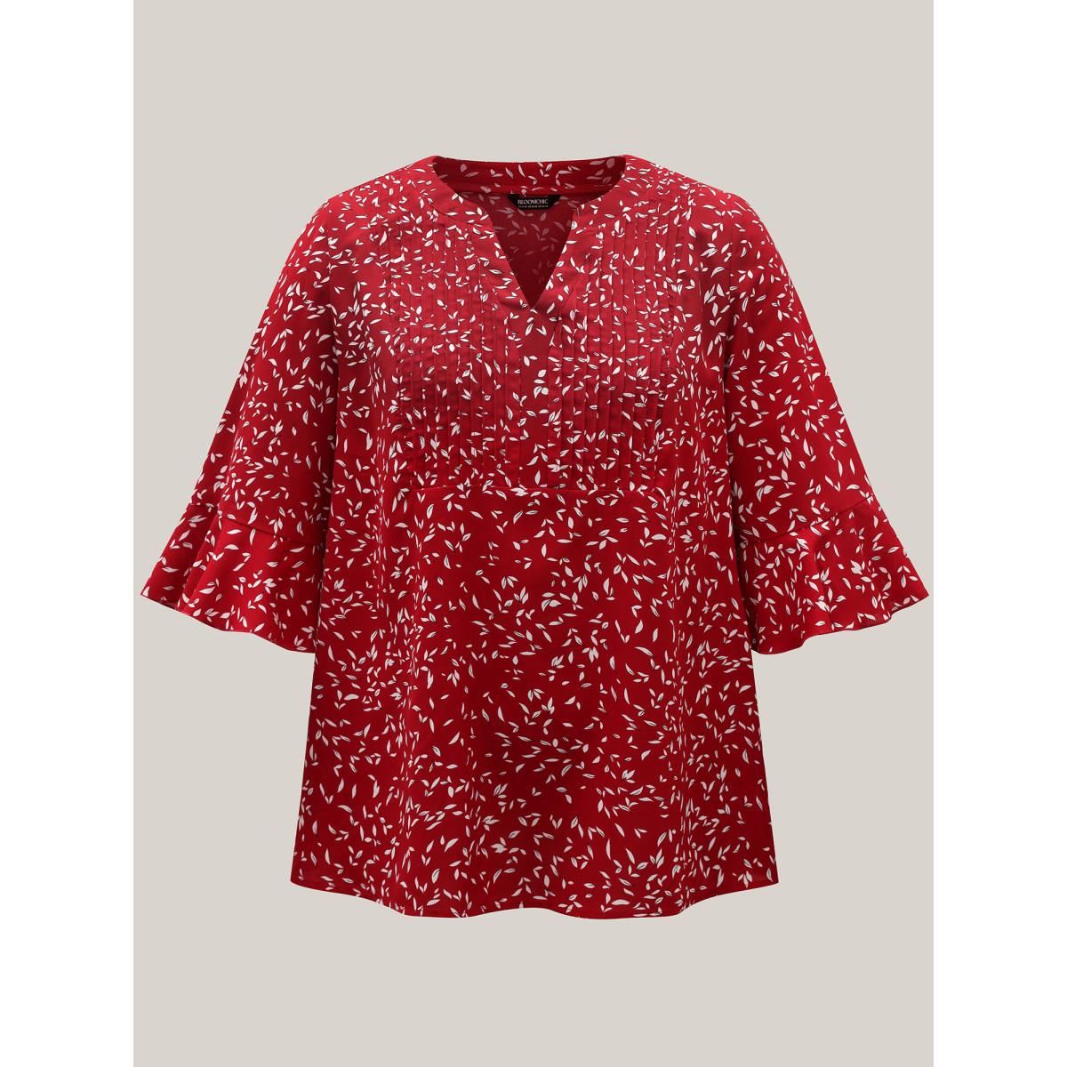 Plus Size Raspberry Toothpick Pleat Floral Notched Collar Shirt Women Elegant Elbow-length sleeve Notched collar Everyday Blouses BloomChic 10/M Product Image