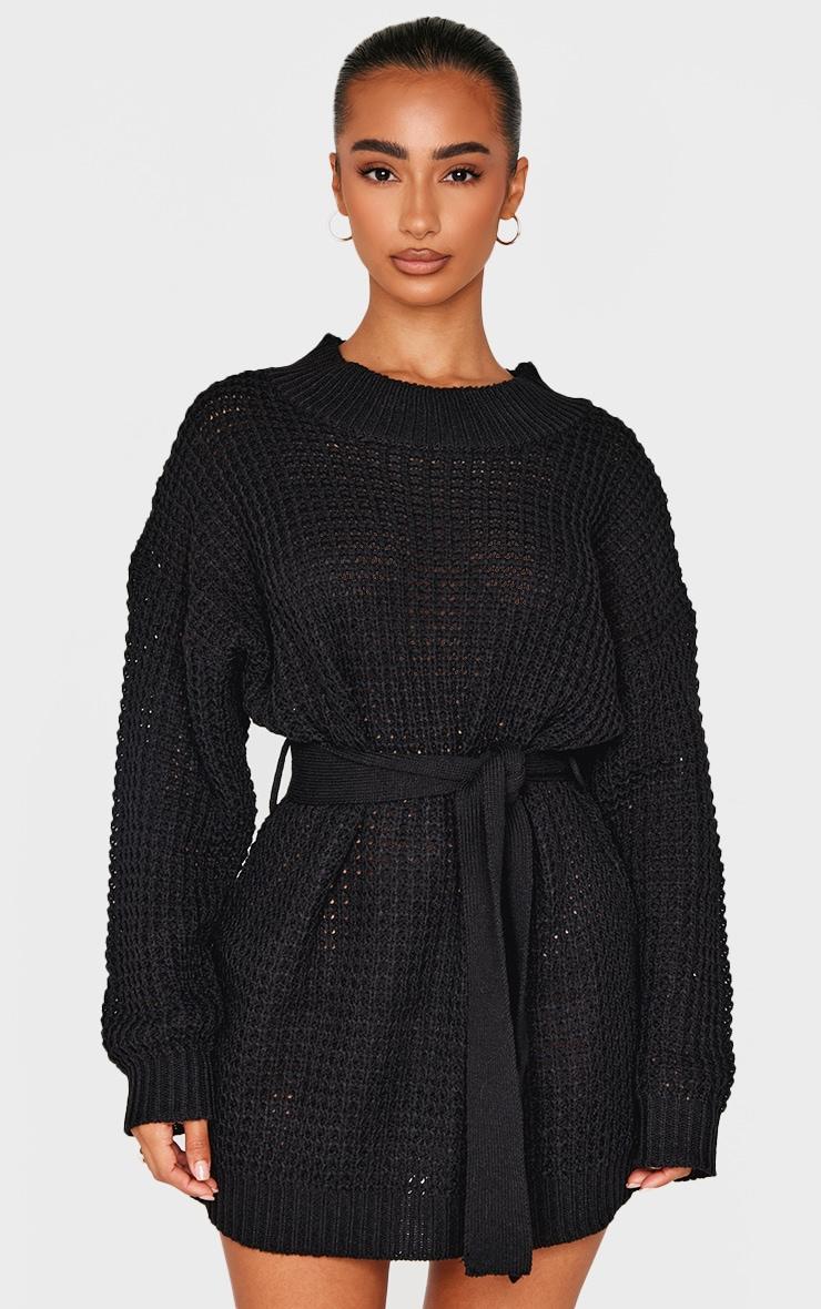 Petite Black Touch Belted Knit Sweater Dress Product Image
